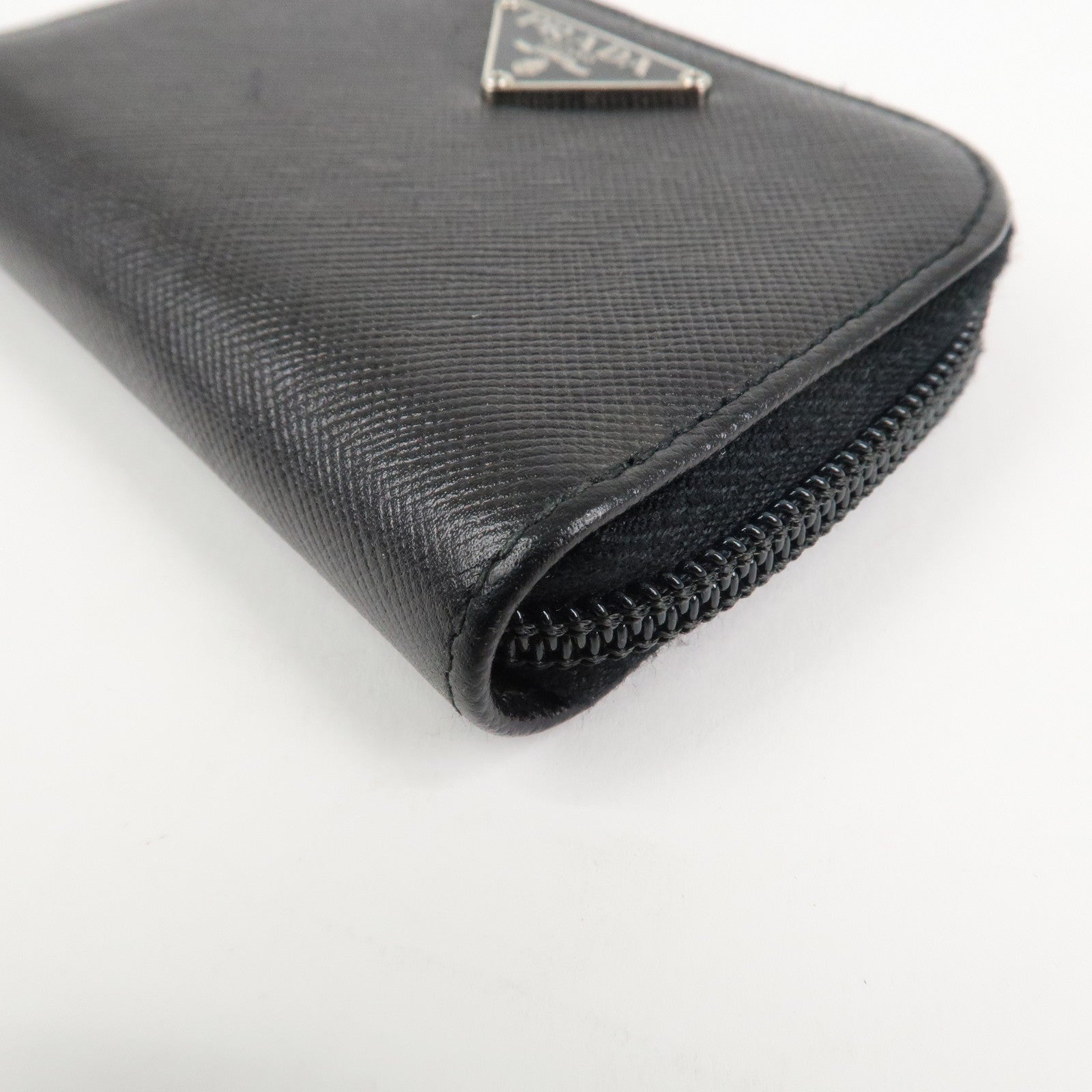 PRADA Triangle Logo Saffiano Leather Round Zippy Coin Case Black