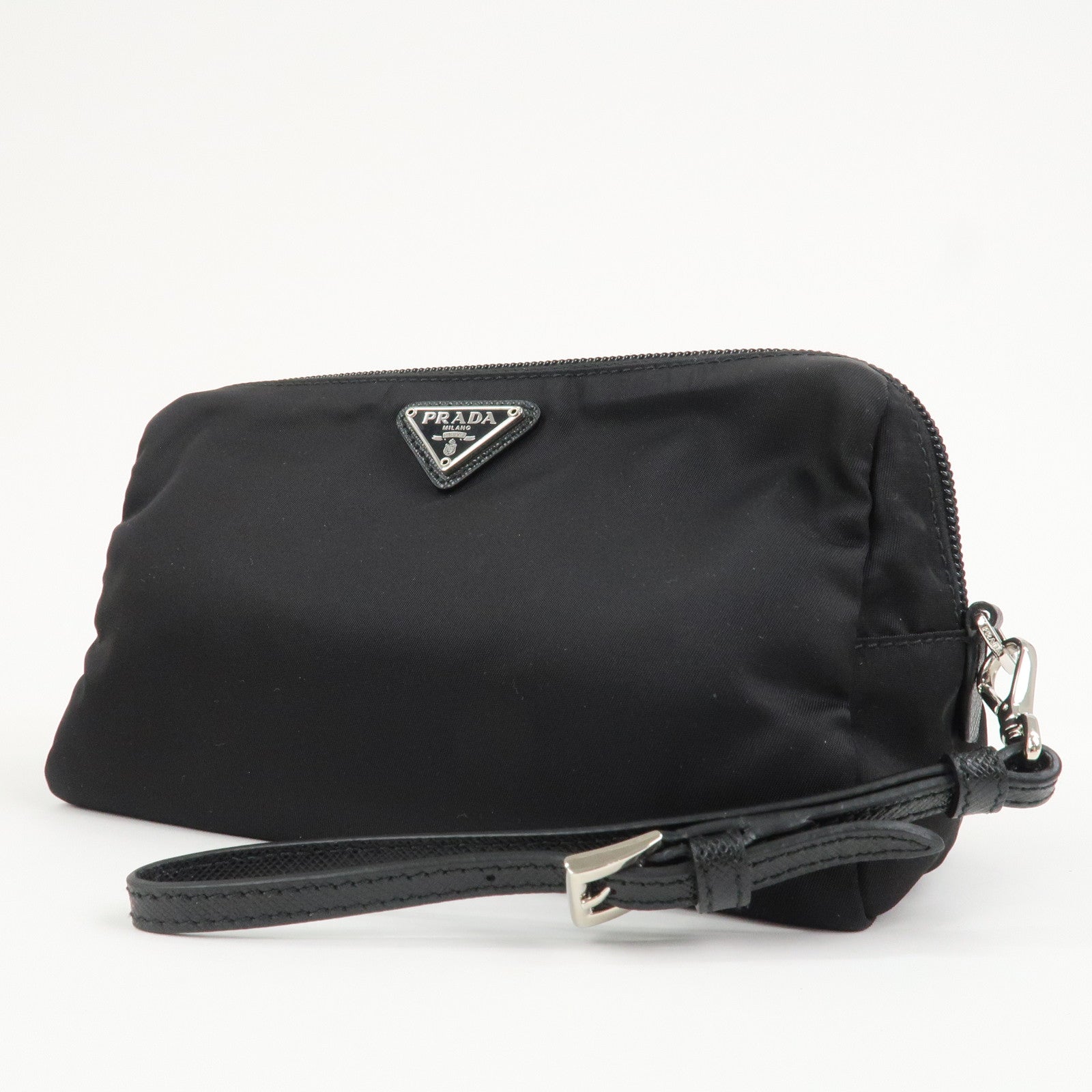 PRADA Logo Nylon Leather Pouch Cosmetic Pouch Black 1NE693