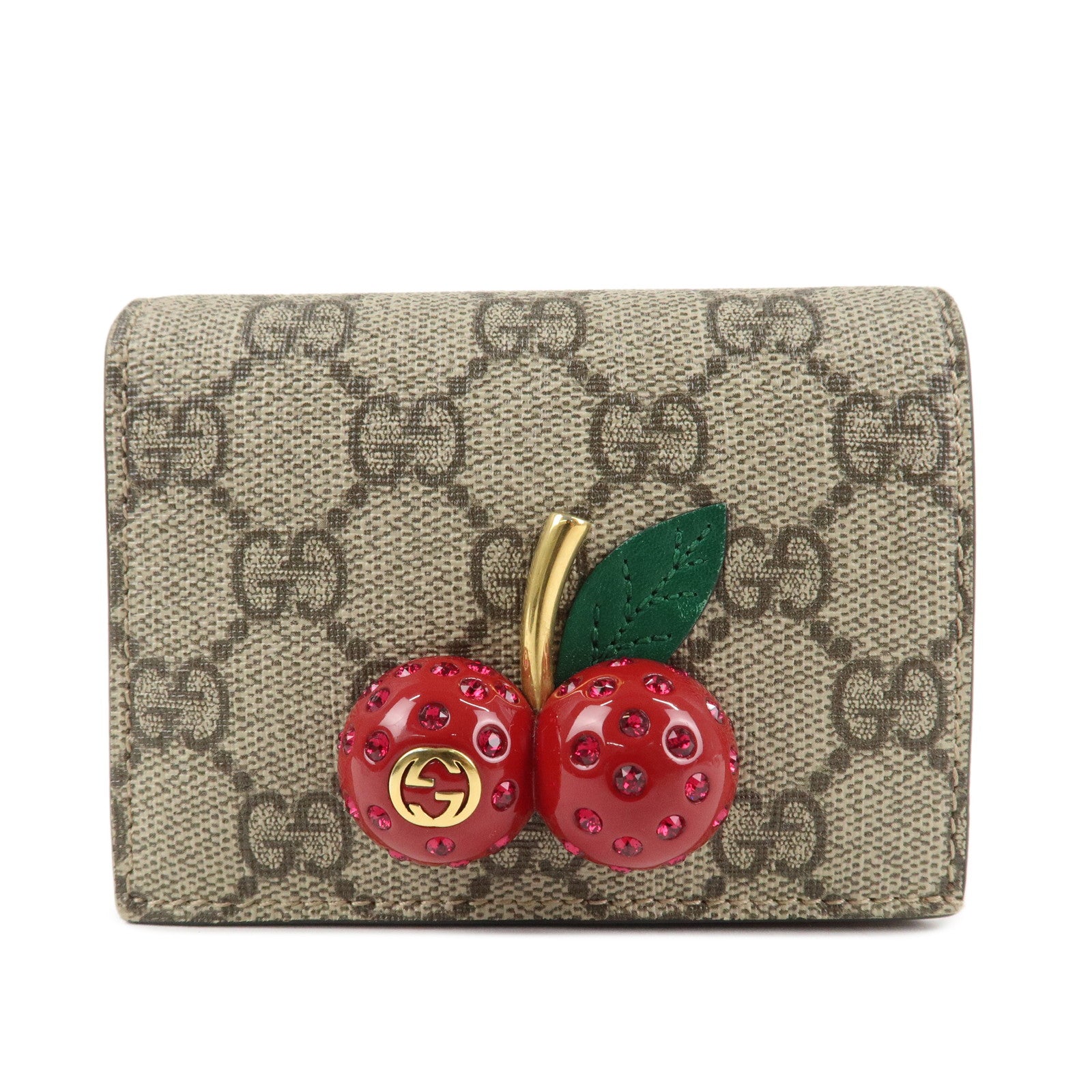 GUCCI Interlocking G GG Supreme Cherry Compact Wallet Beige 476050 Used