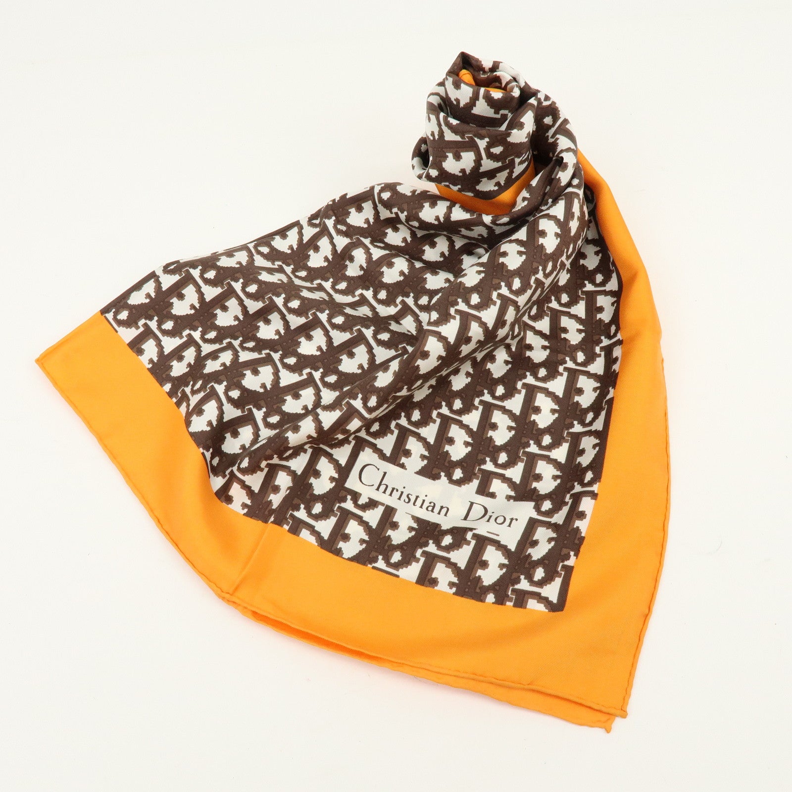 Christian Dior Trotter Silk 100% Scarf 77x77 Brown White Orange