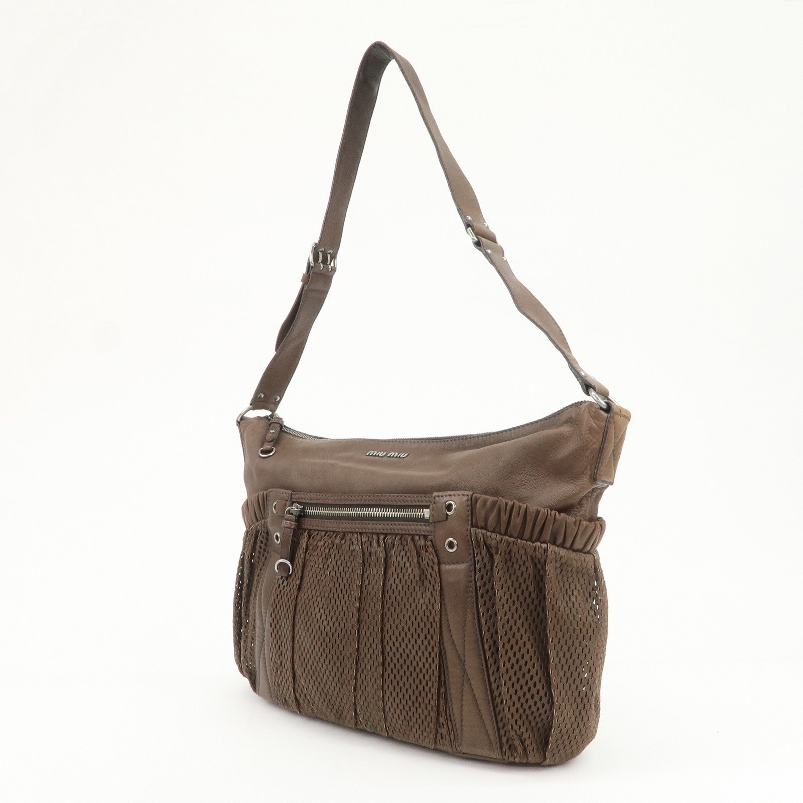 MIU MIU Logo Leather Shoulder Bag Crossbody Bag Brown