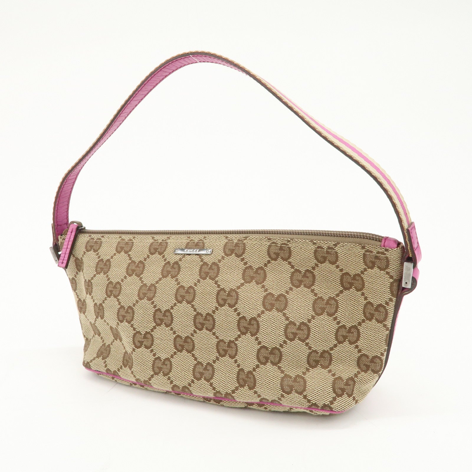 GUCCI Boat Bag Sherry GG Canvas Leather Hand Bag Pouch Brown 141809