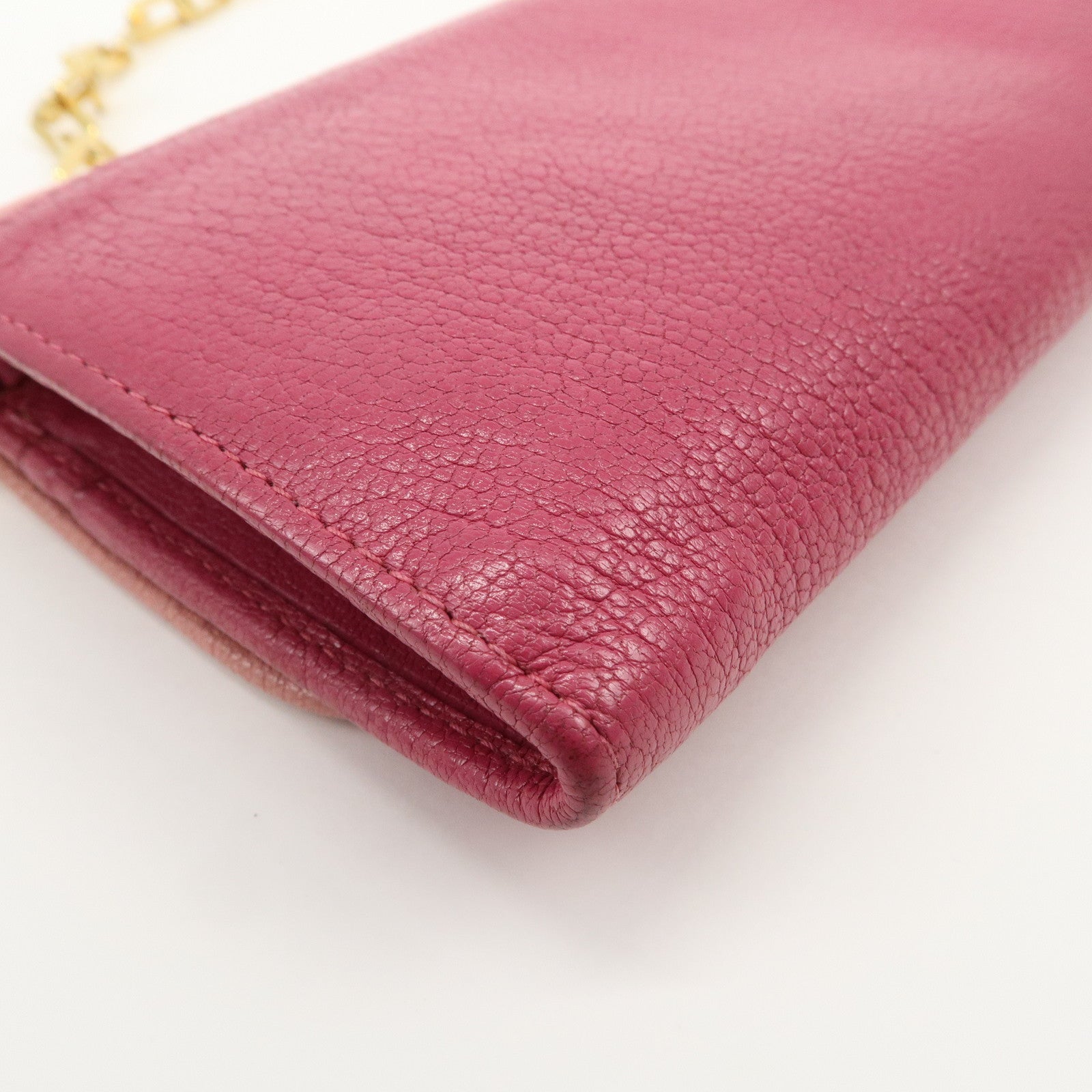 MIU MIU Logo Leather WOC Chain Shoulder Long Wallet Pink 5M1290