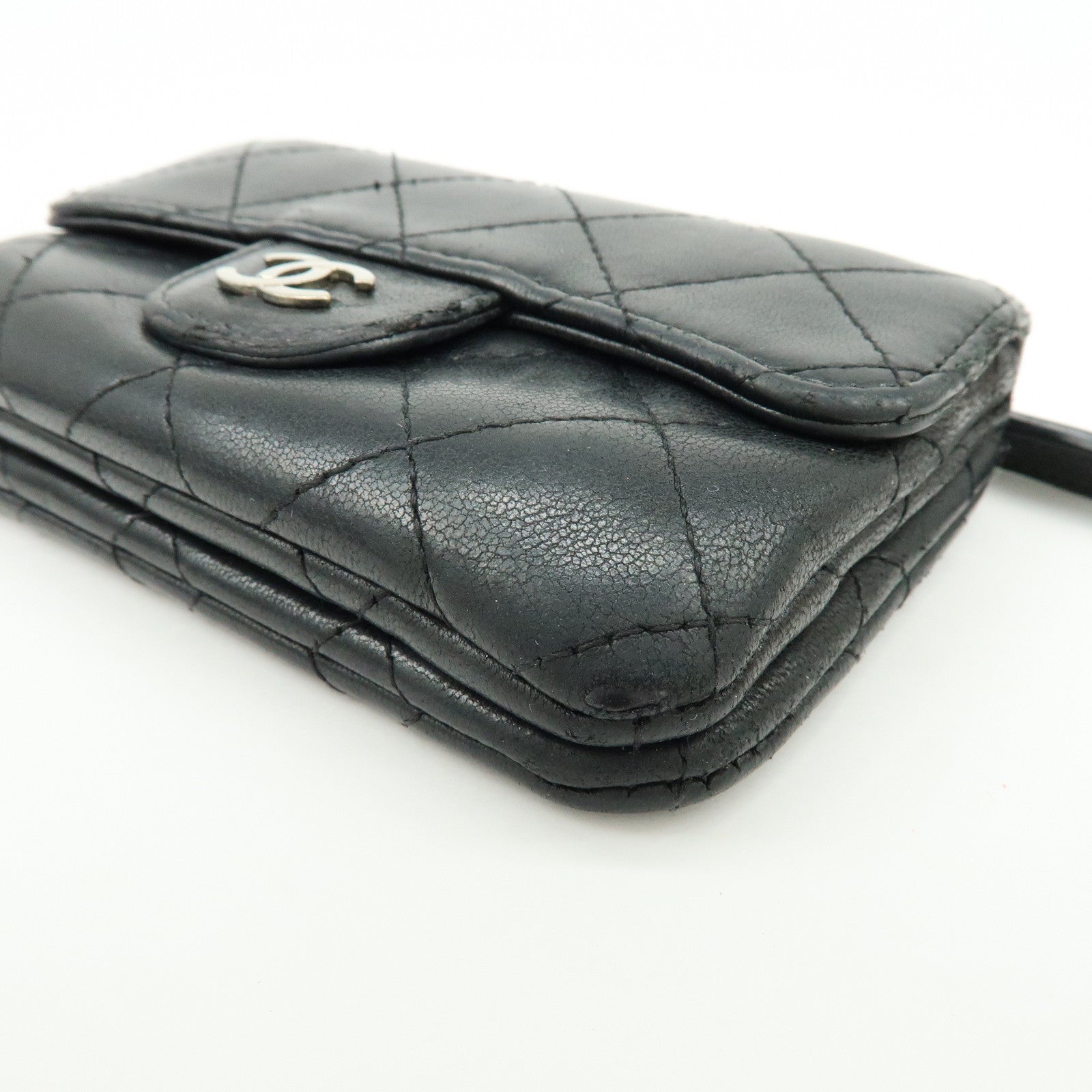 CHANEL Matelasse Lamb Skin Card Case Coin Case Black AP0214