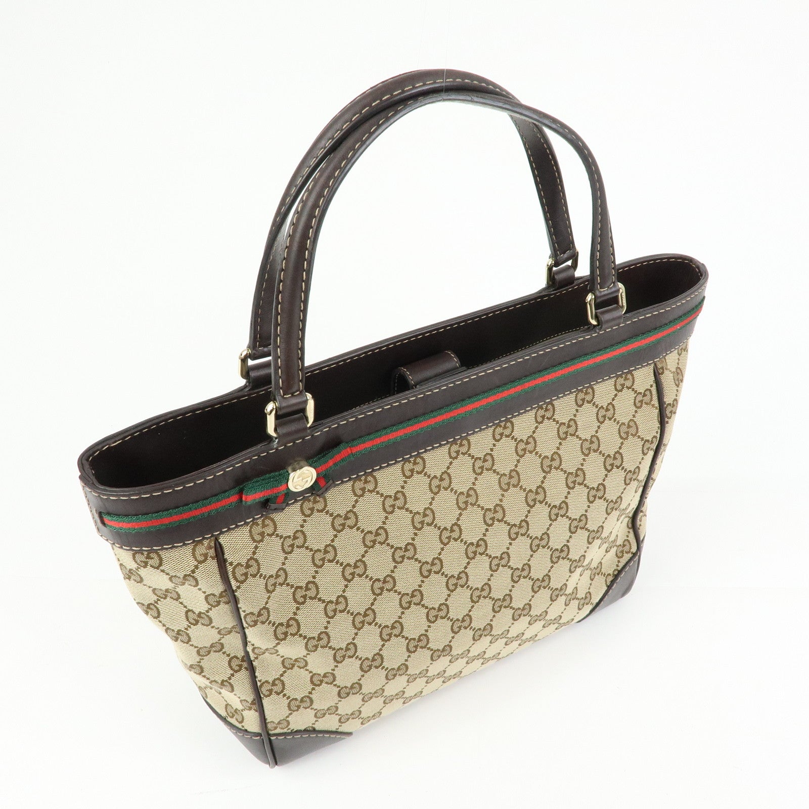GUCCI Sherry Canvas Leather Tote Bag Hand Bag Beige Brown 257061