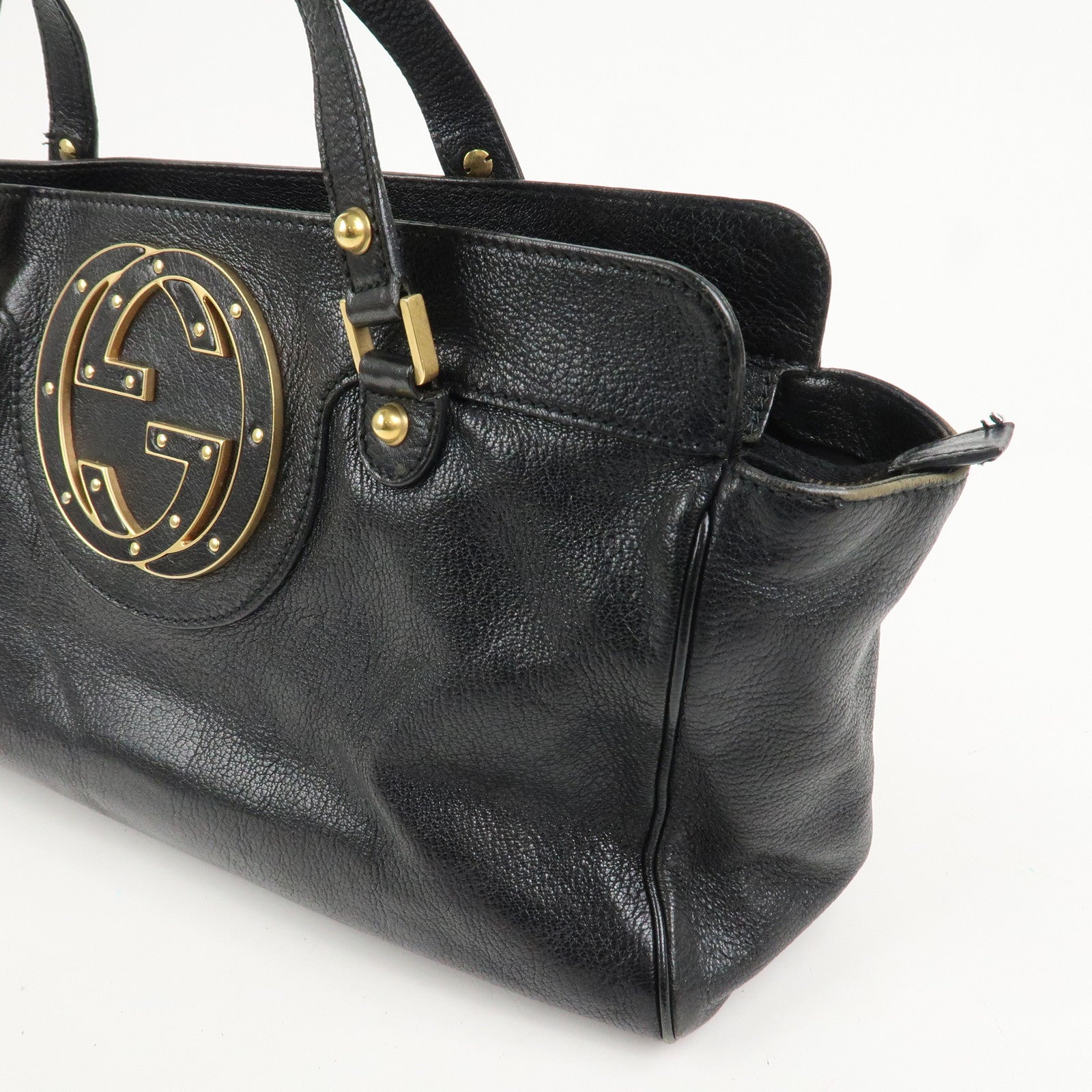 GUCCI Interlocking G Leather Blondie Studs Hand Bag Black 121551