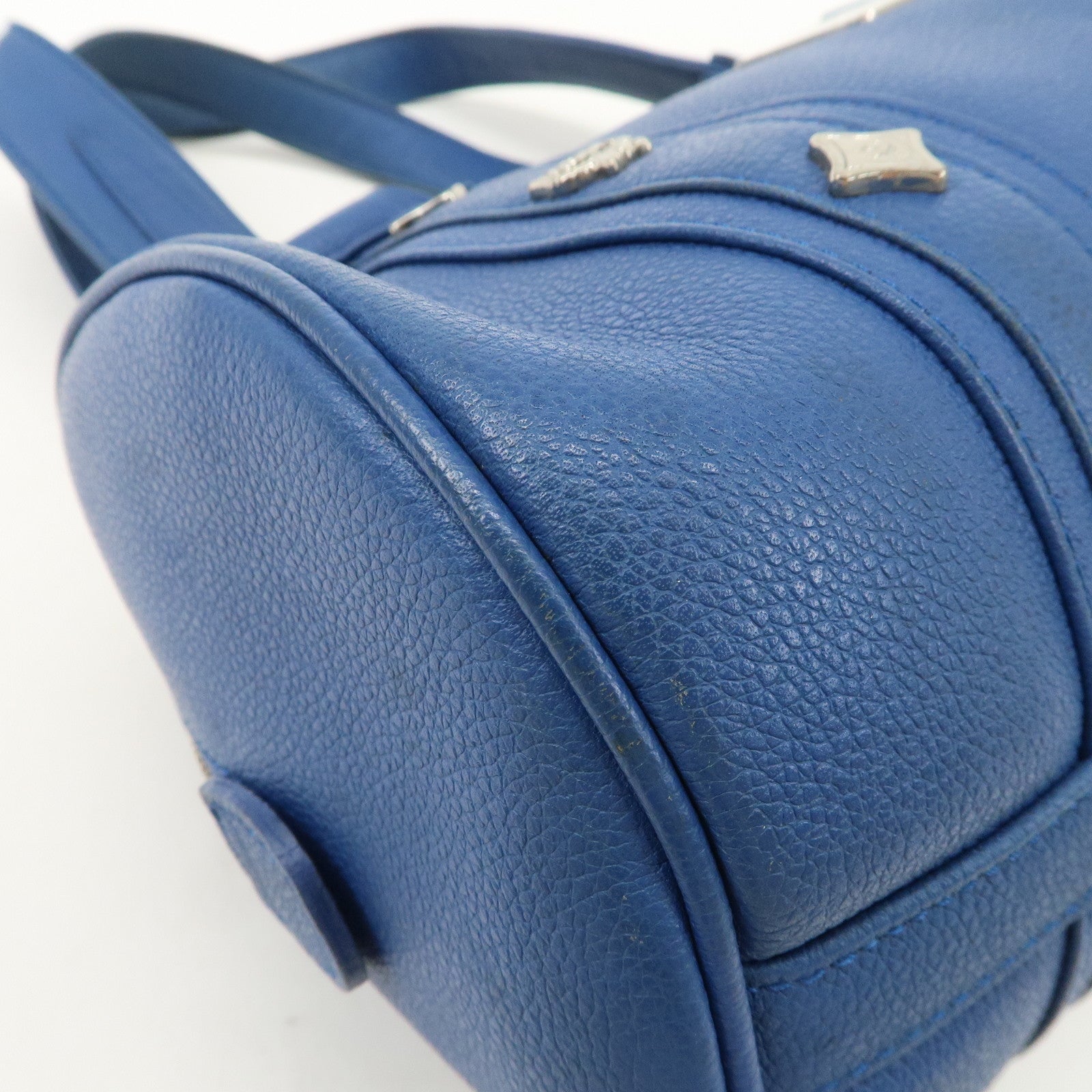 MCM Logo Leather Hand Bag Silver Studs Blue