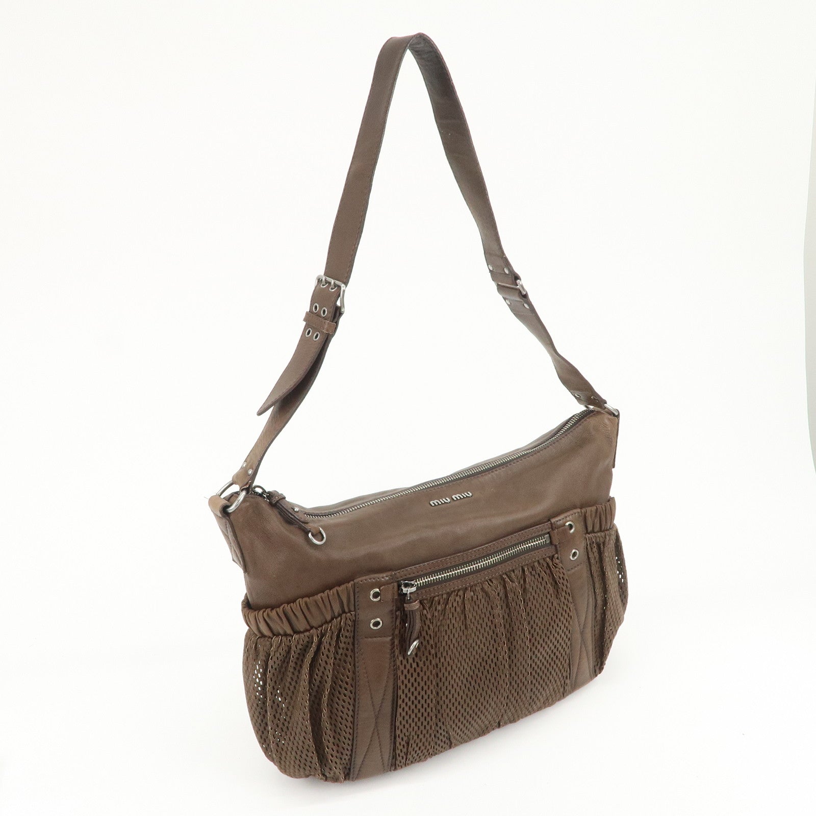 MIU MIU Logo Leather Shoulder Bag Crossbody Bag Brown
