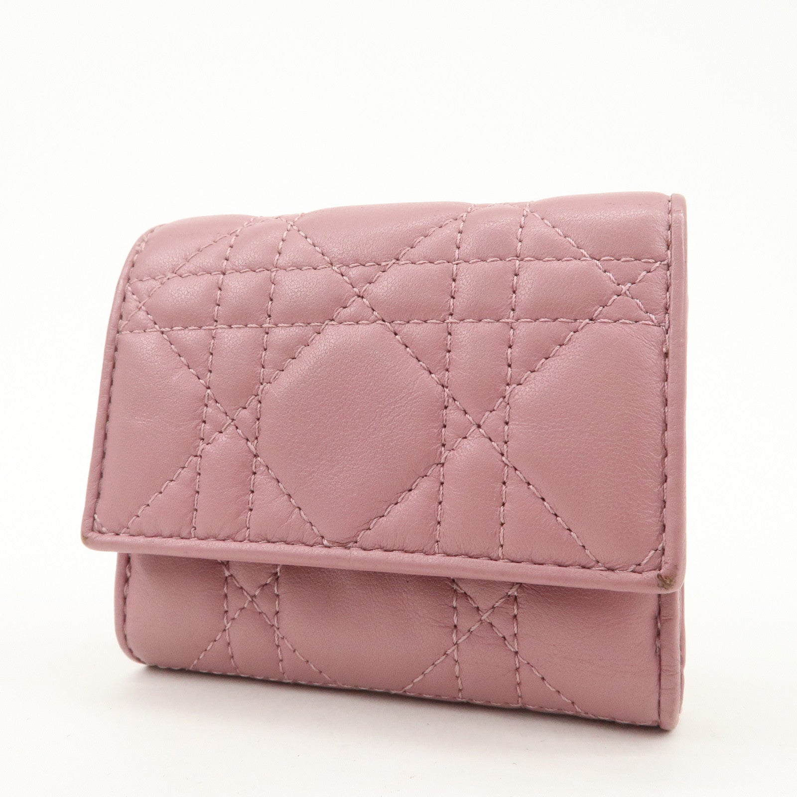 Christian Dior Cannage Leather Tri-fold Compact Wallet Pink