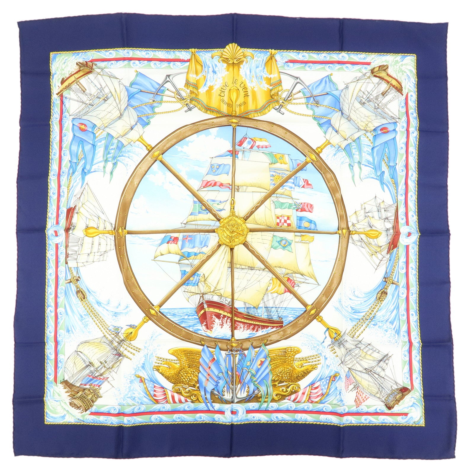 HERMES Carre 90 Silk 100% Scarf VIVE LE VENT Navy Blue Yellow White