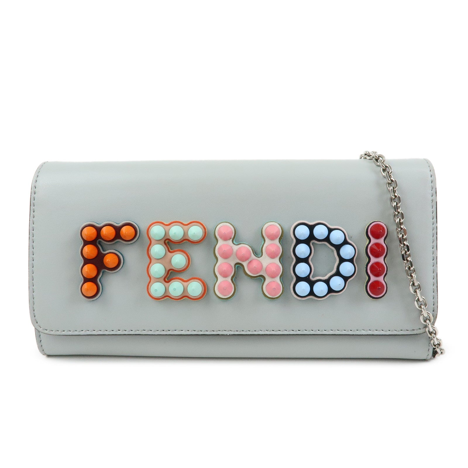 FENDI Leather Studs Chain Shoulder Wallet Long Wallet Gray 8M0365