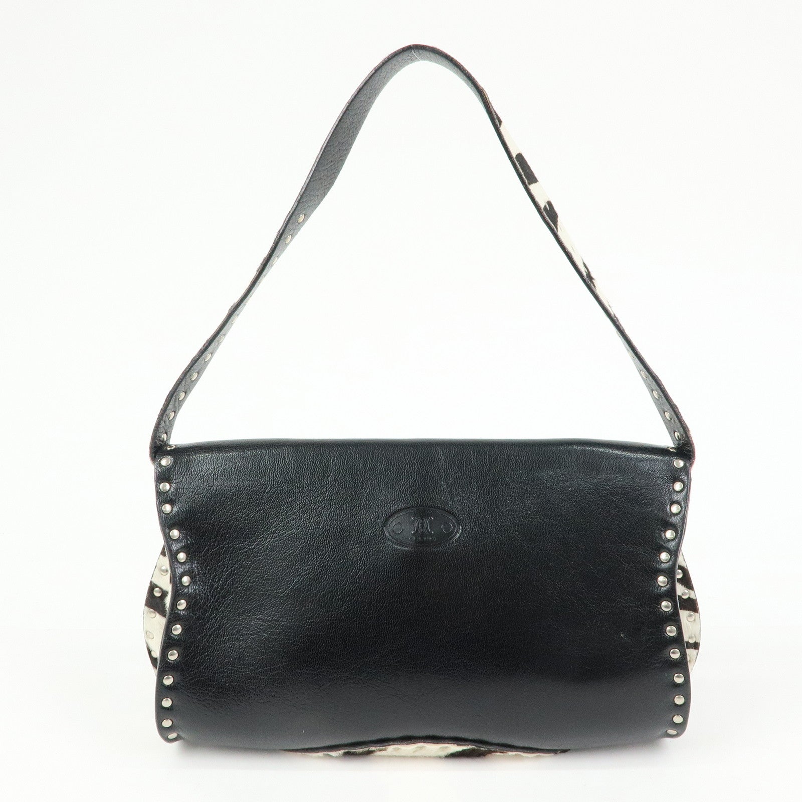 CELINE Haircalf Leather Studs Hand Bag Zebra Print Black White