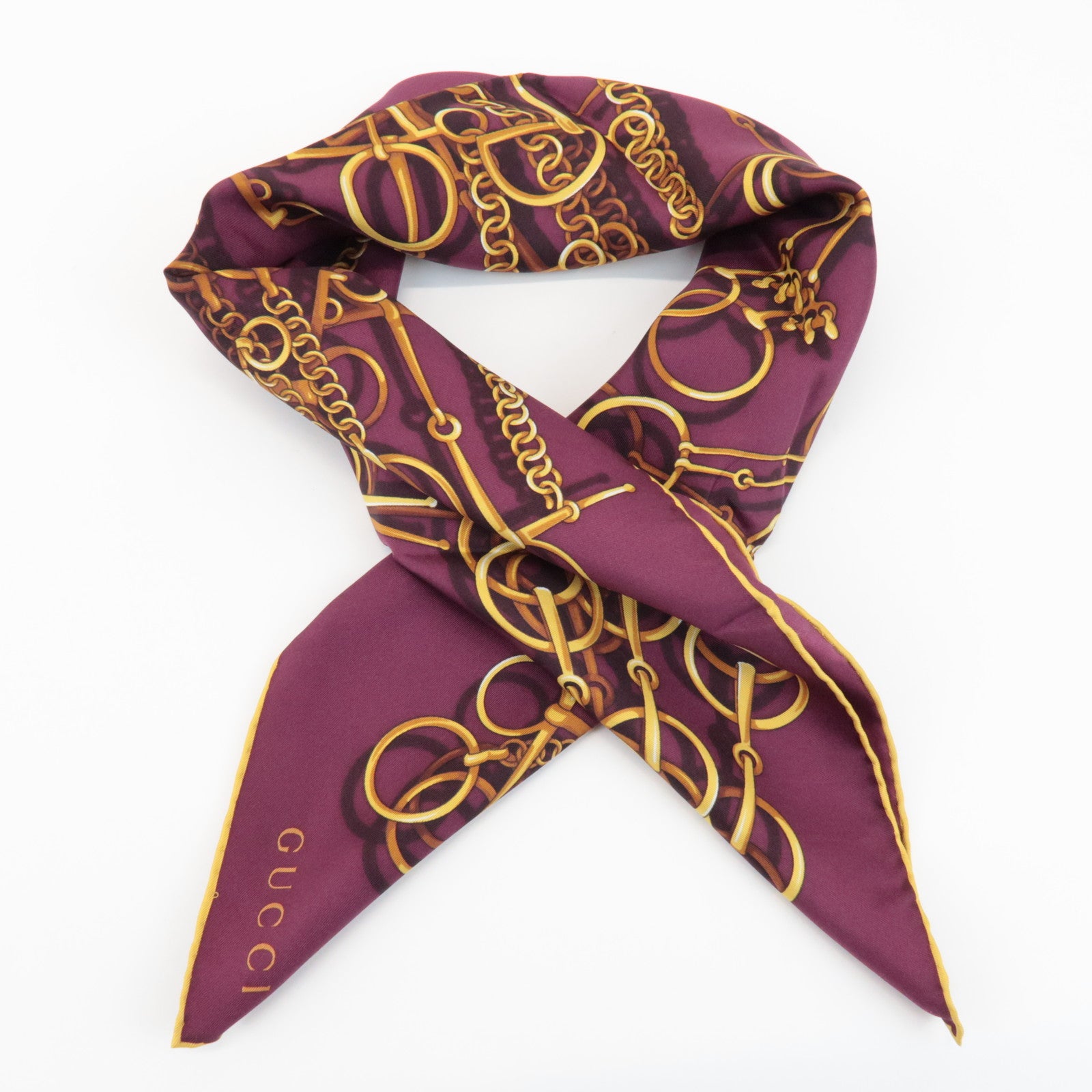 GUCCI Horse Bit Silk 100% 65×65 Scarf Purple