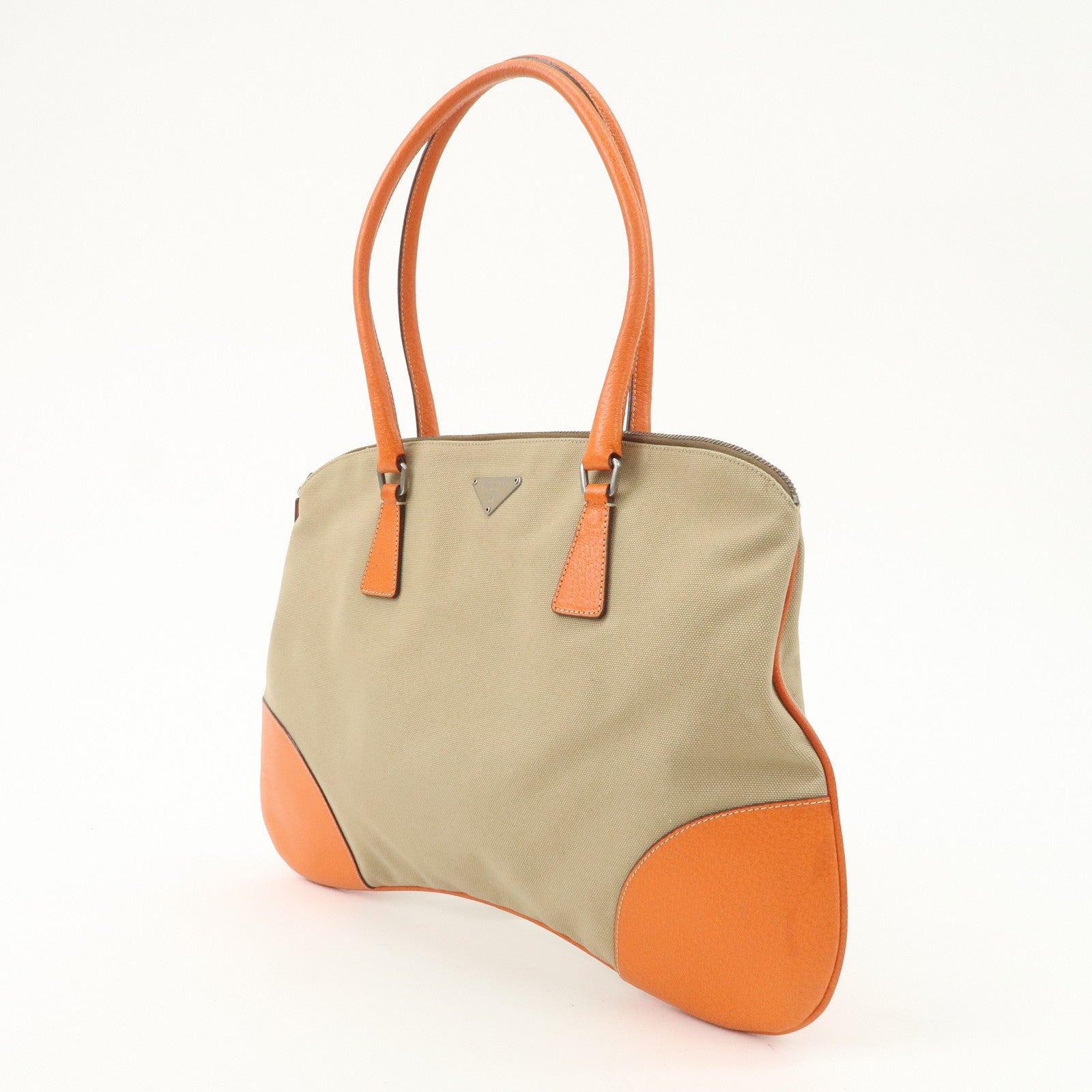 PRADA Triangle Logo Canvas Leather Shoulder Bag Orange Beige Used