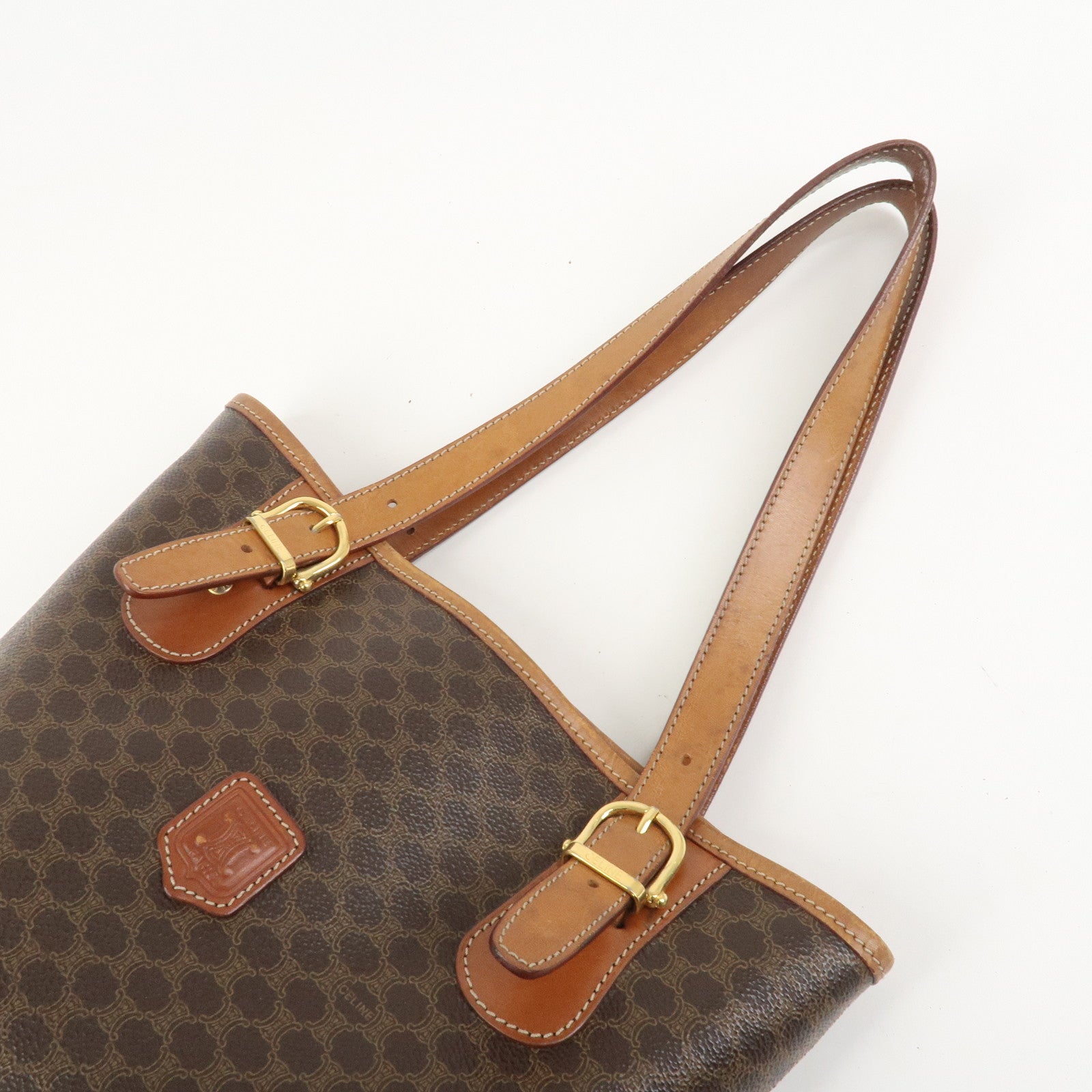 CELINE Macadam PVC Canvas Leather Tote Bag Hand Bag Brown