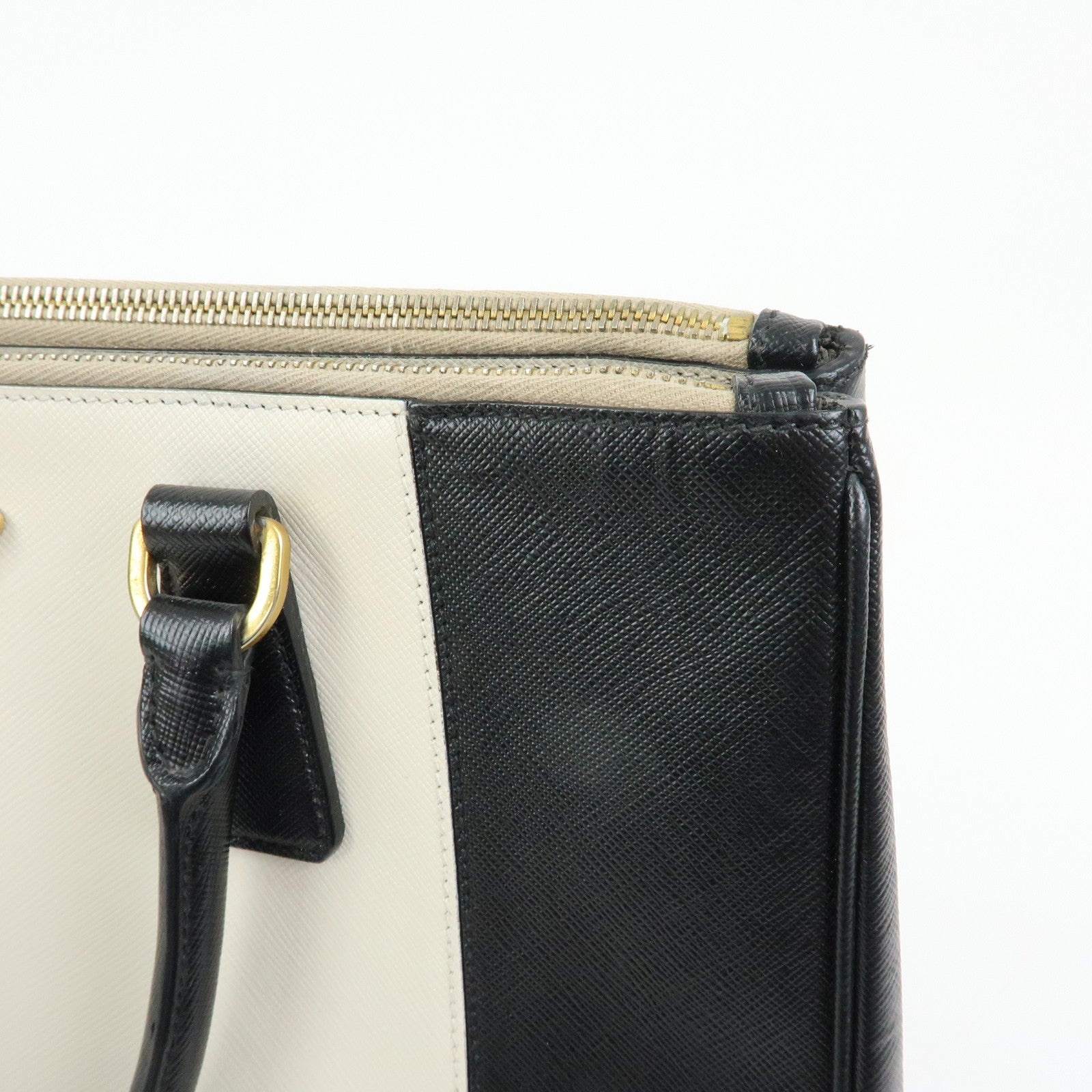 PRADA Triangle Logo Saffiano Leather Hand Bag Tote Bag Ivory Black