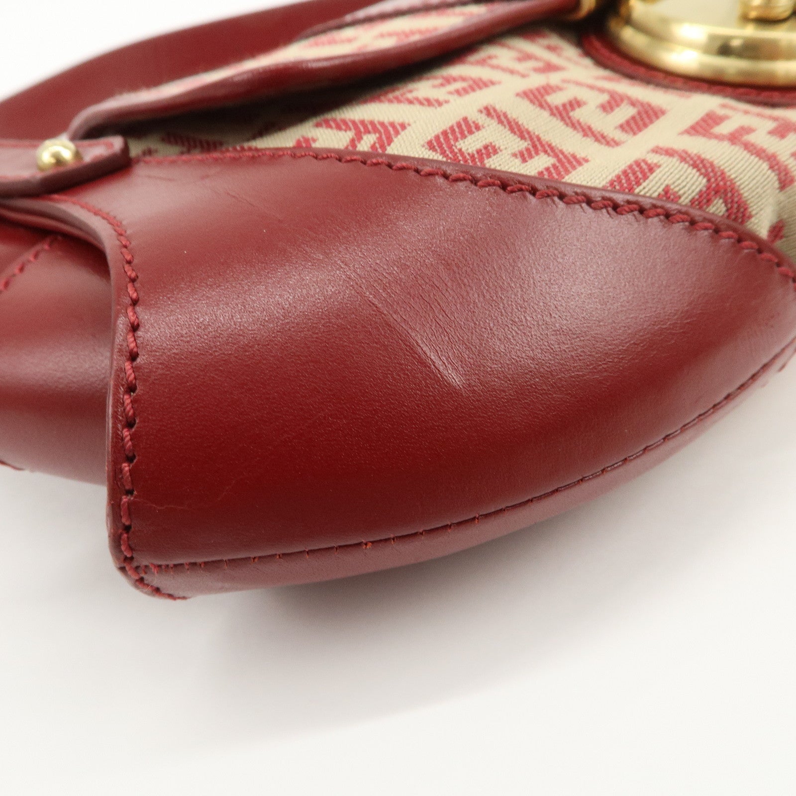 FENDI Zucchino Canvas Leather Turn Lock Shoulder Bag Red 8BR429