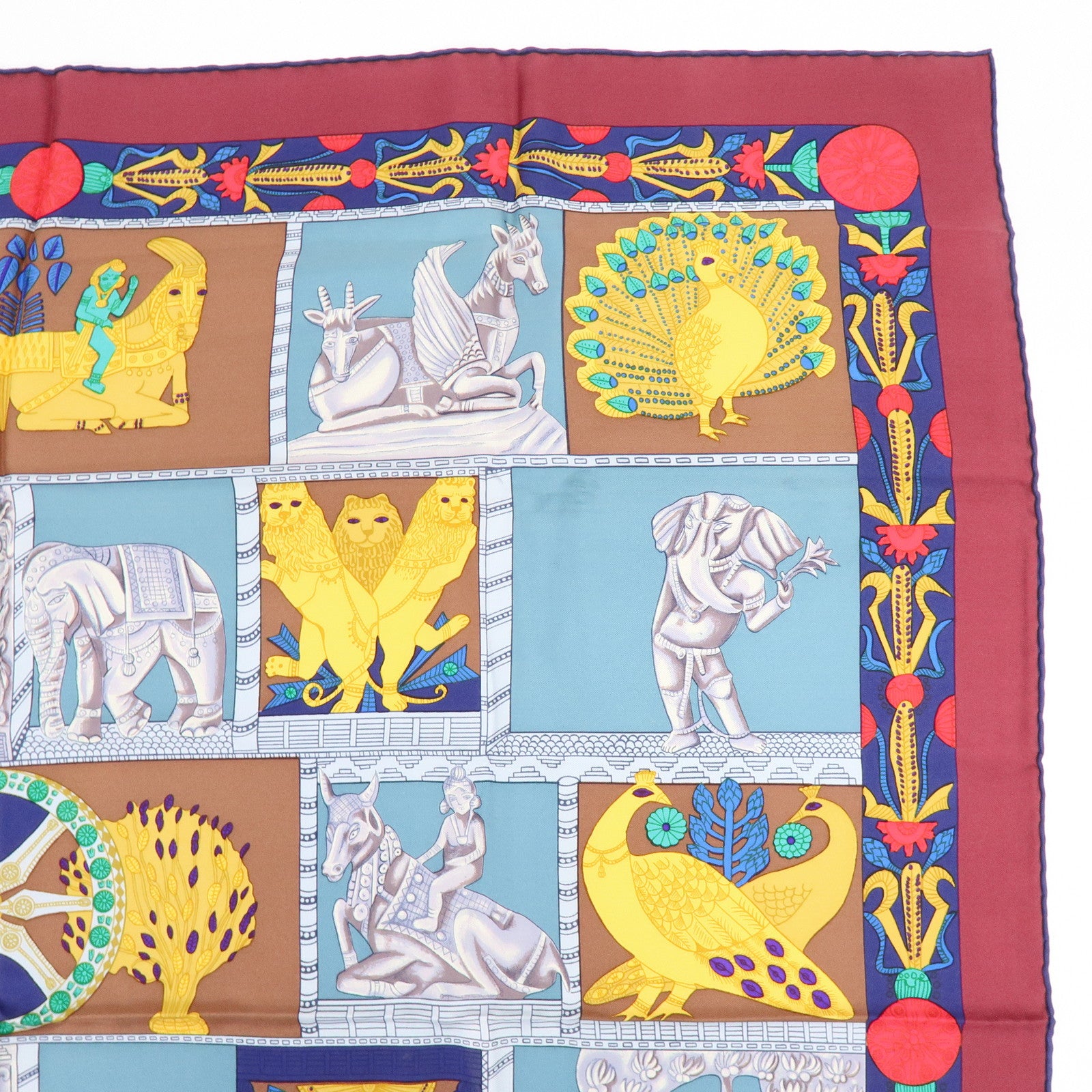 HERMES Carre 90 Silk 100% Scarf TORANA Blue Green Gold