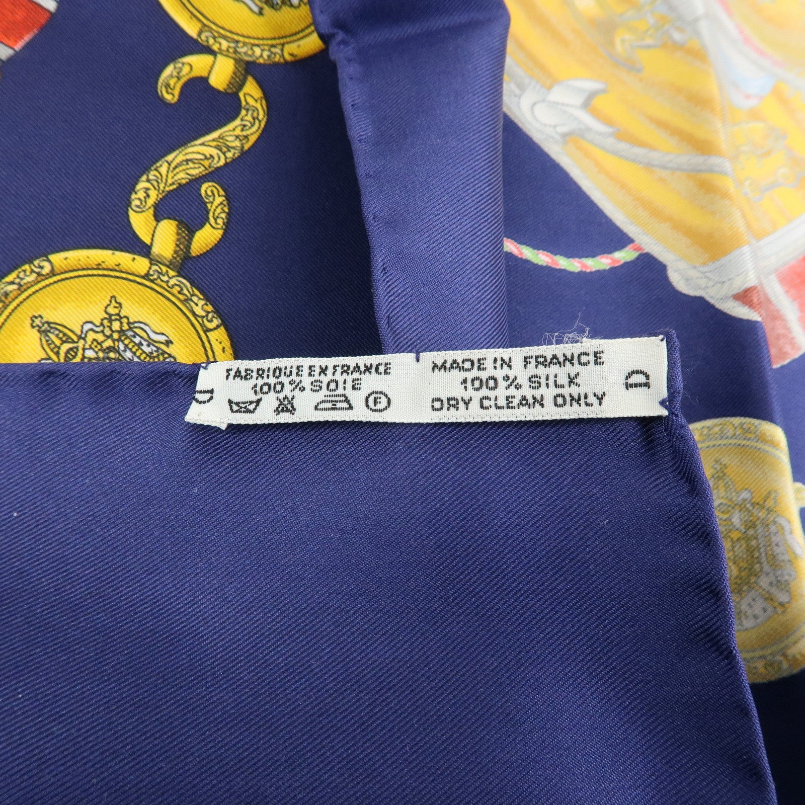 HERMES Carre 90 Silk 100% Scarf LES TAMBOURS Navy Gold