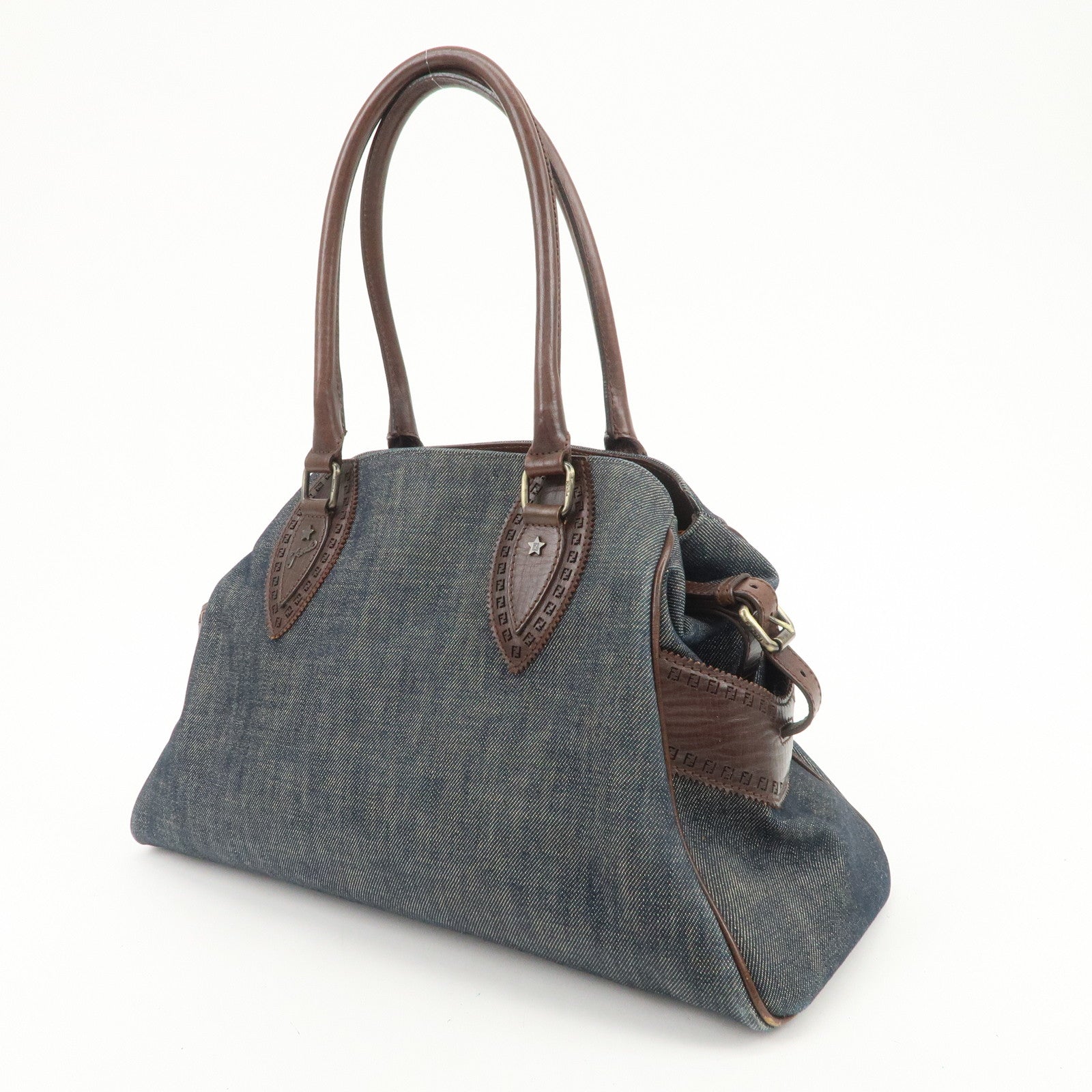 FENDI Etonico Denim Leather Tote Bag Shoulder Bag Brown 8BN162