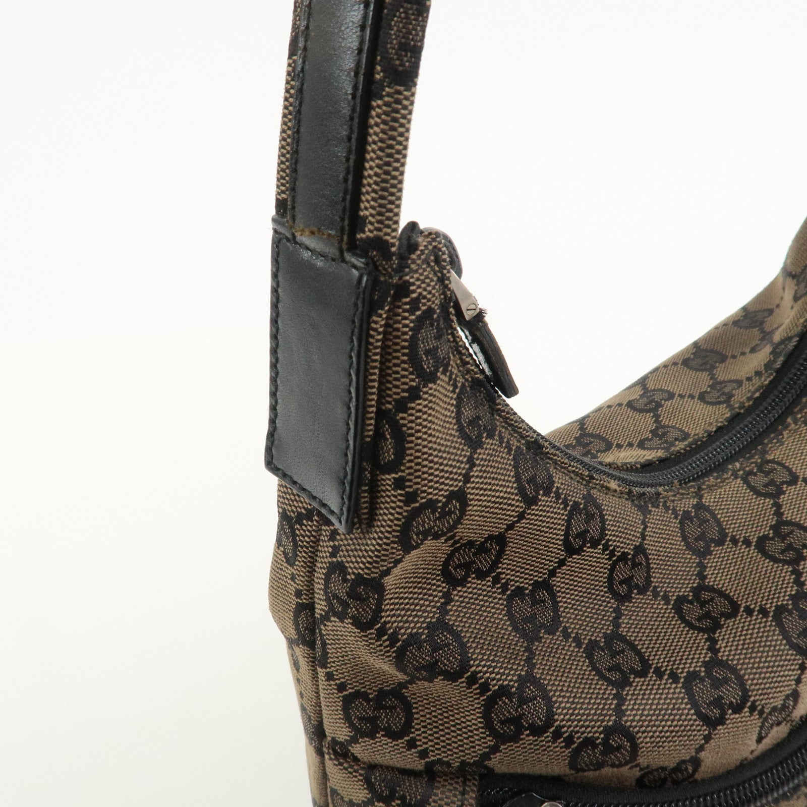 GUCCI GG Canvas Leather Shoulder Bag Hand Bag Brown Black 001・3386