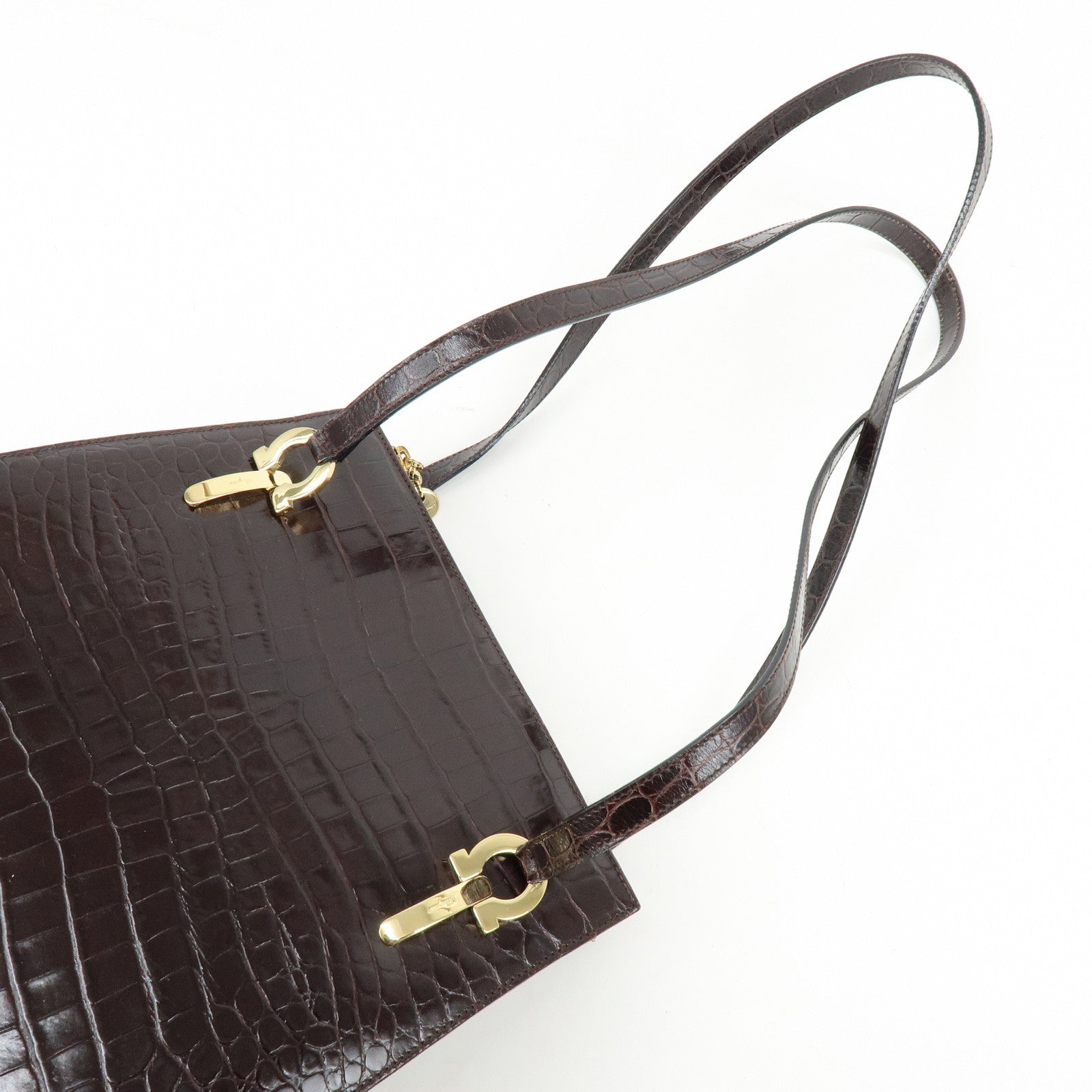 Ferragamo Gancini Embossed Leather Shoulder Bag Tote Bag Dark Brown