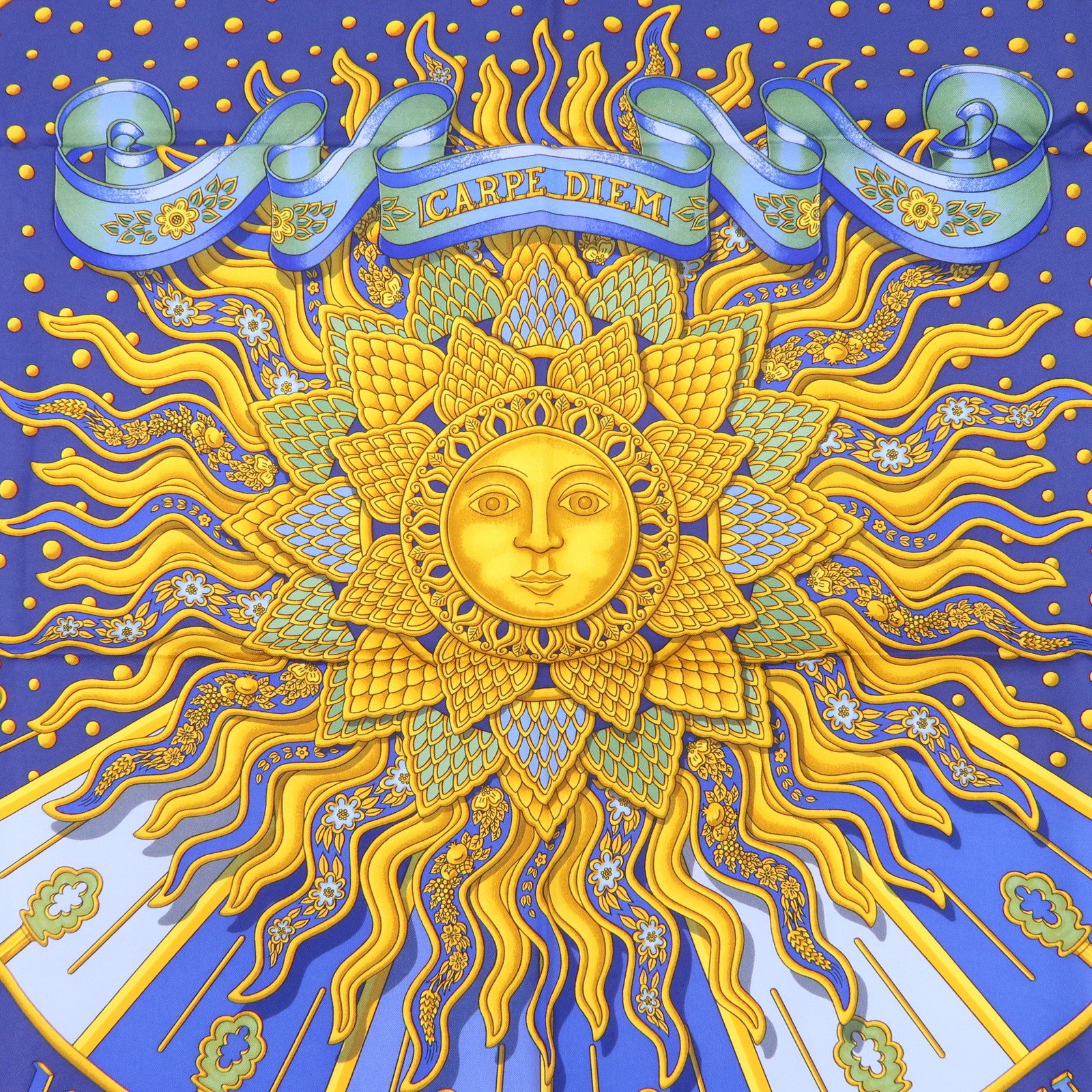 HERMES Carre 90 Silk 100% Scarf CARPE DIEM Blue Yellow