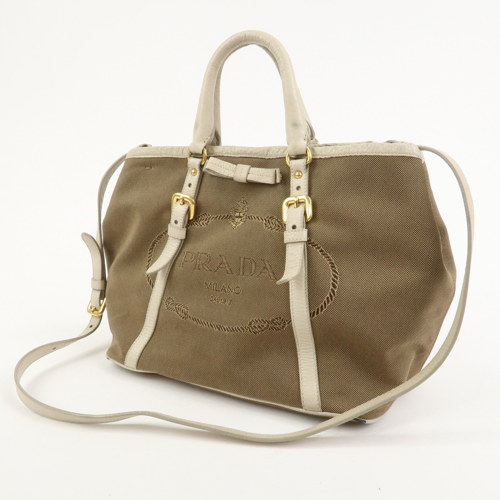 PRADA Logo Jacguard Leather 2Way Tote Bag Brown Ivory BN1841