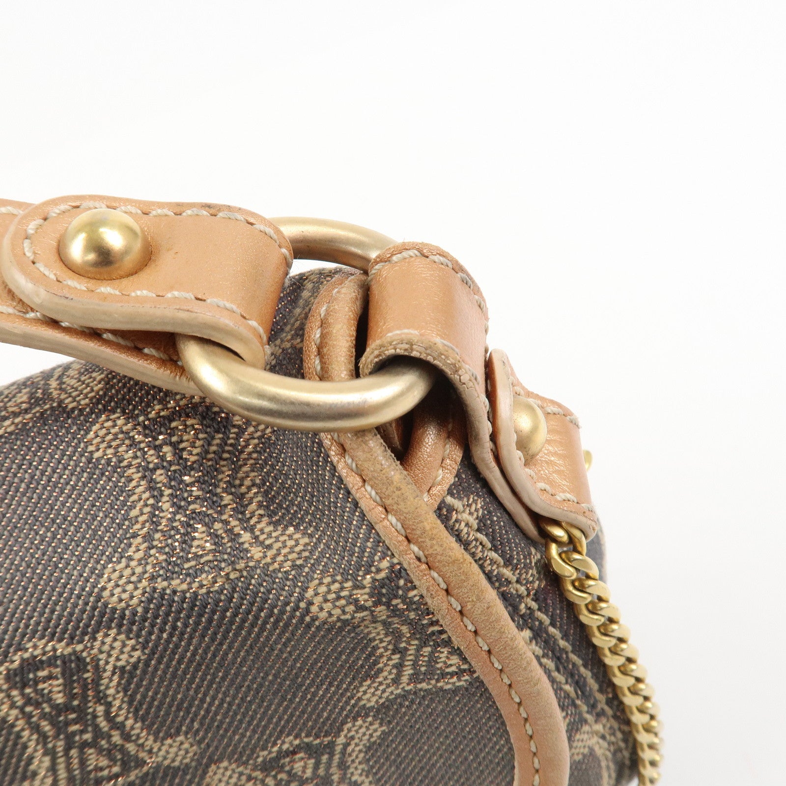 CELINE Macadam Denim Leather Shoulder Bag Hand Bag Light Brown