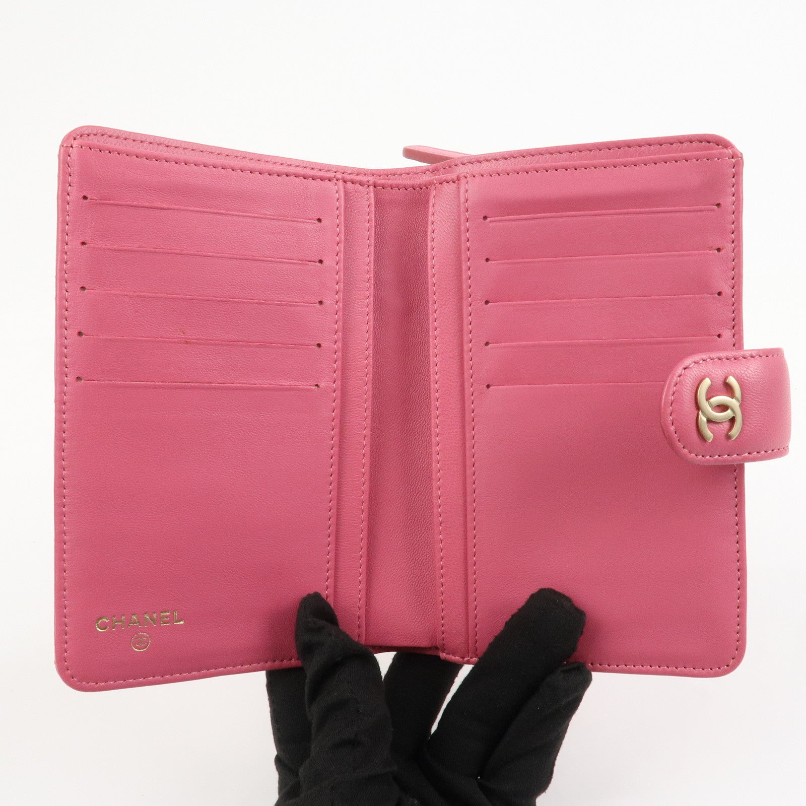 CHANEL Matelasse Lamb Skin Bi-fold Wallet Purse Pink