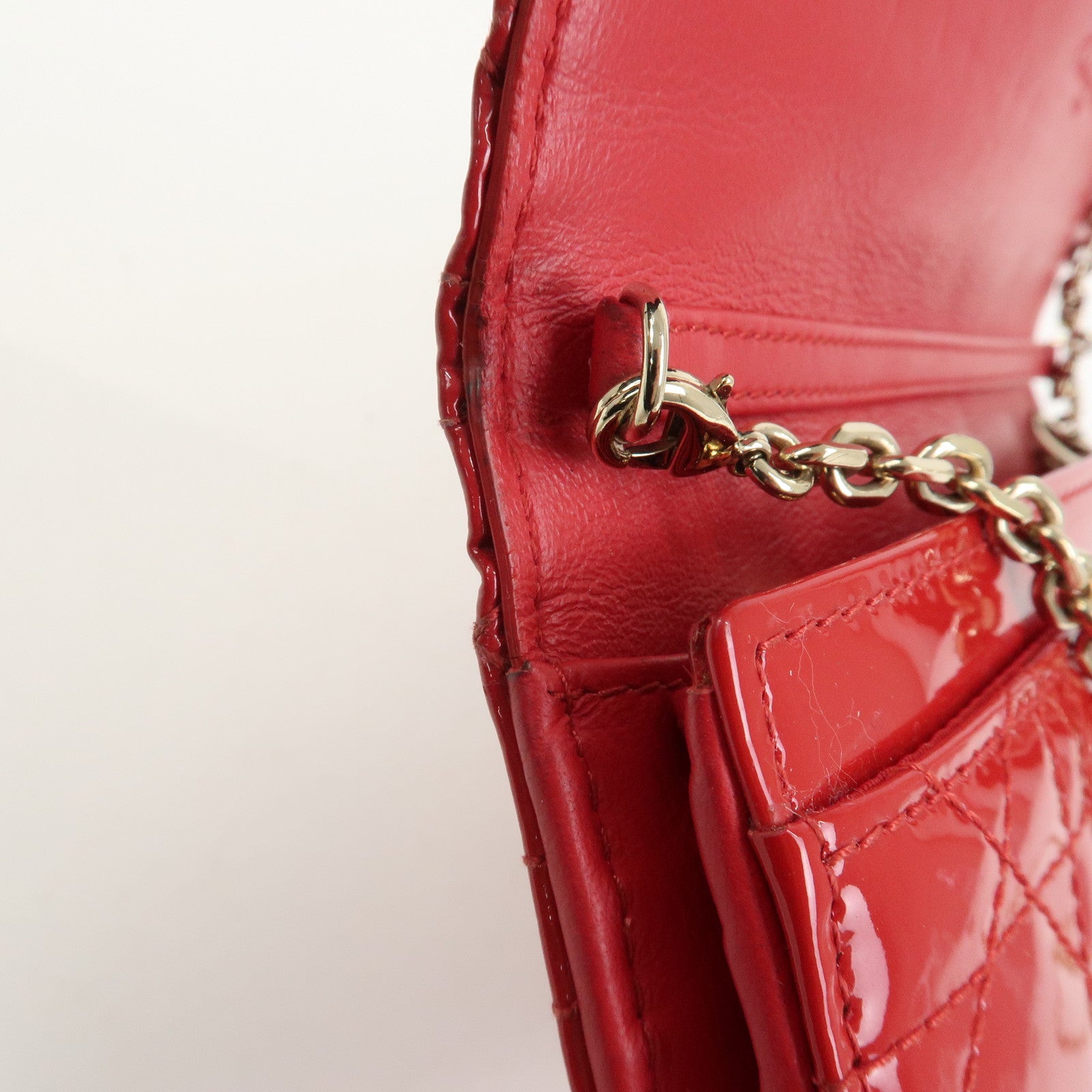 Christian Dior Cannage Patent Leather Chain Long Wallet WOC Red