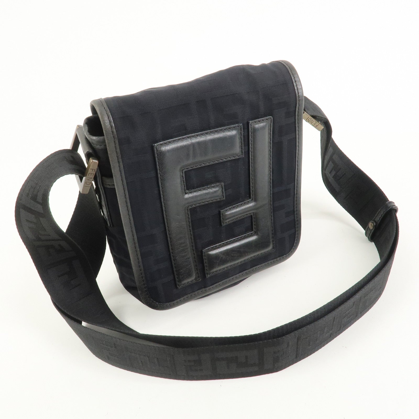 FENDI Zucca Canvas Leather Shoulder Bag Crossbody Bag Black7VA155