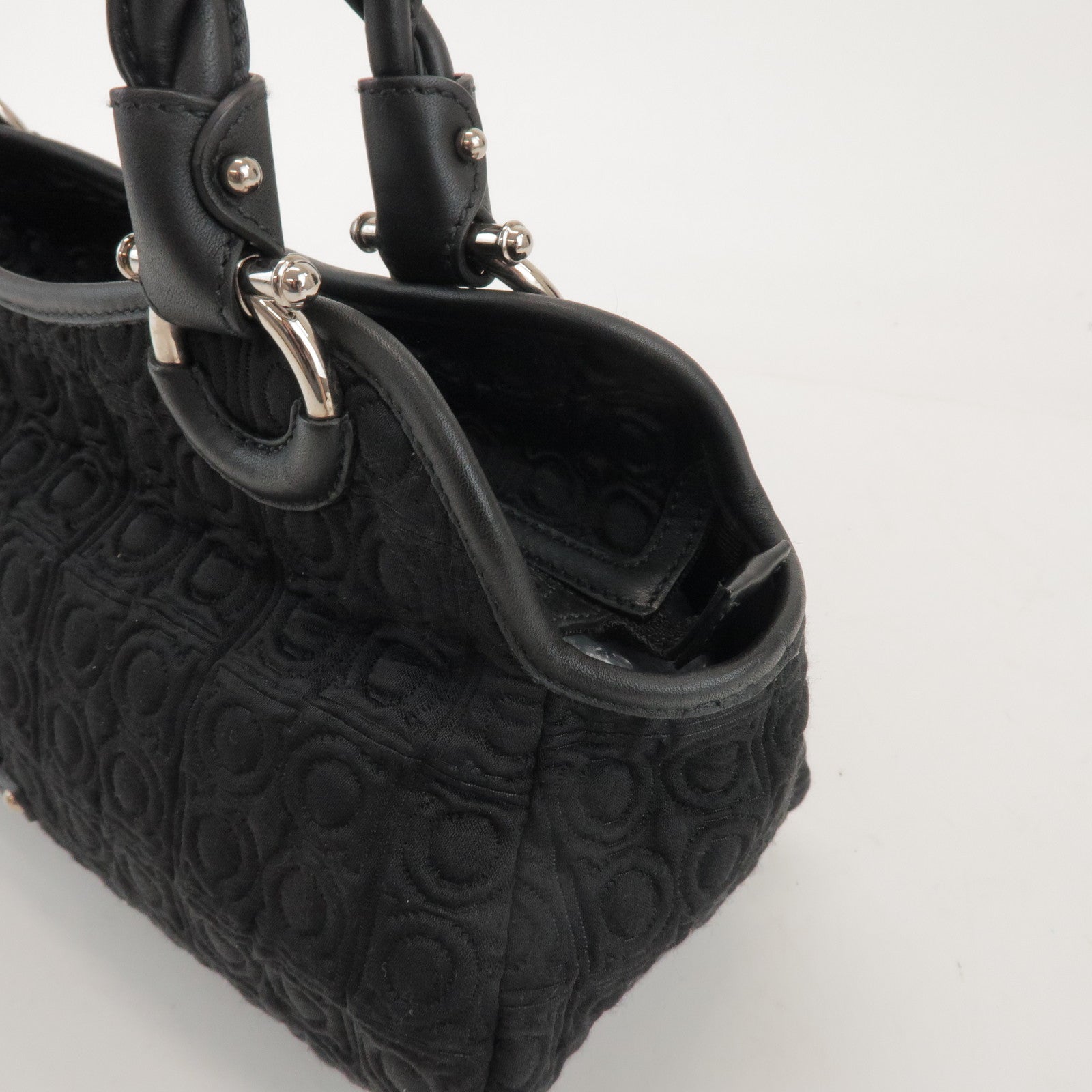 Ferragamo Gancini Canvas Leather Hand Bag Shoulder Bag Black