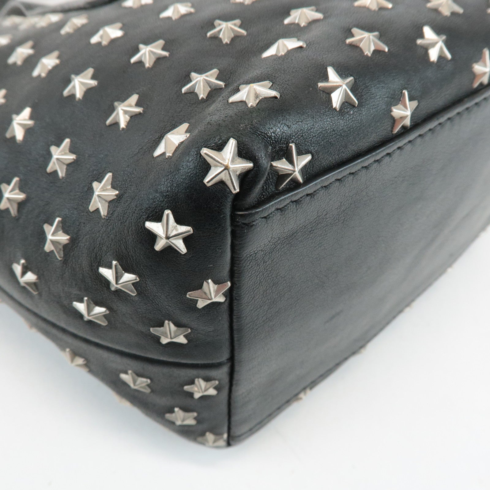 JIMMY CHOO Leather Star Studs Tote Bag Hand Bag Black Silver HDW Used