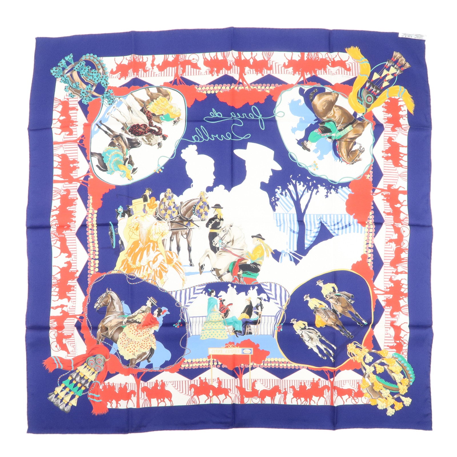 HERMES Carre 90 Silk 100% Scarf FERIA DE SEVILLA Navy White Red