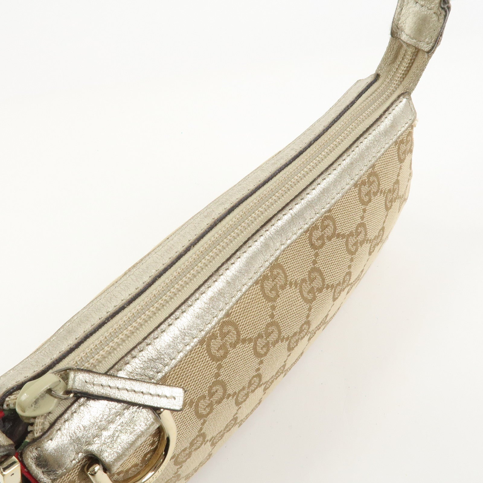 GUCCI Abbey GG Canvas Leather Pouch Hand Bag Beige Gold 145750