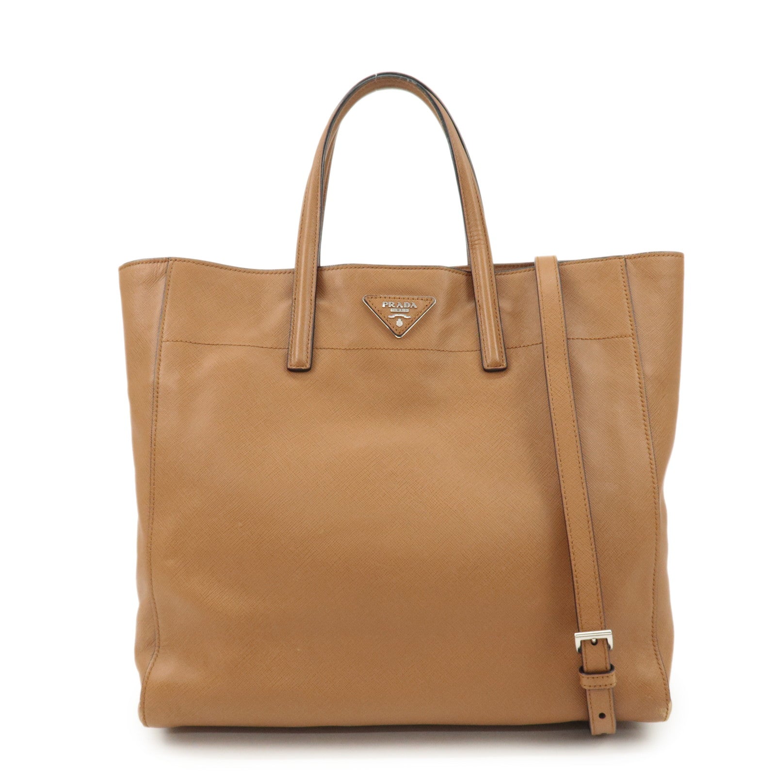 PRADA Triangle Logo Saffiano Leather 2Way Tote Bag Brown BN2666