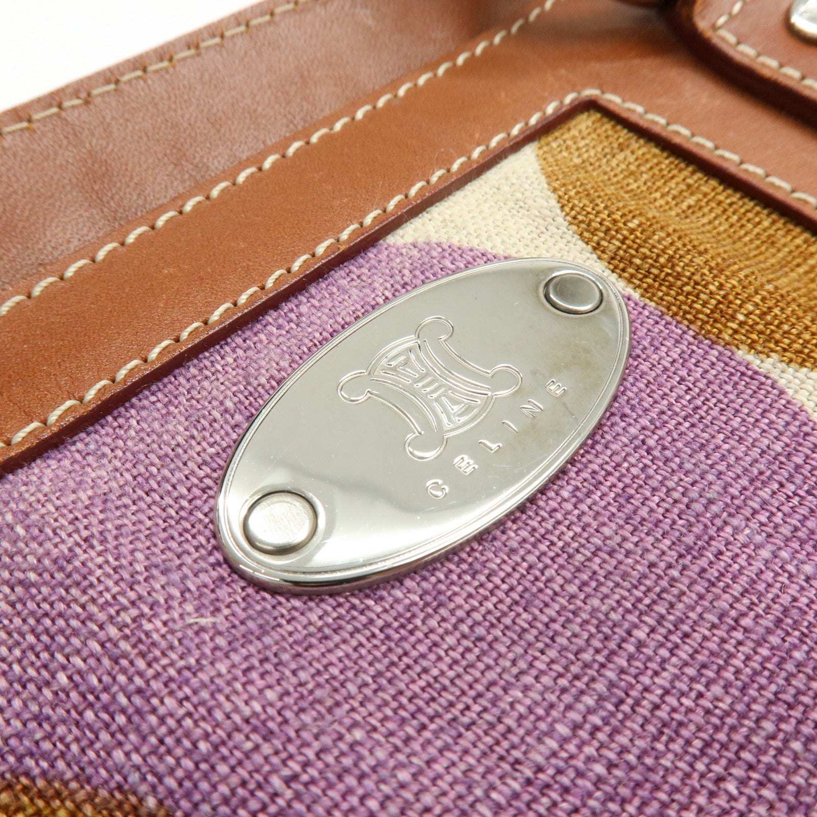 CELINE Flower Canvas Leather Tote Bag Shoulder Bag Brown Natural