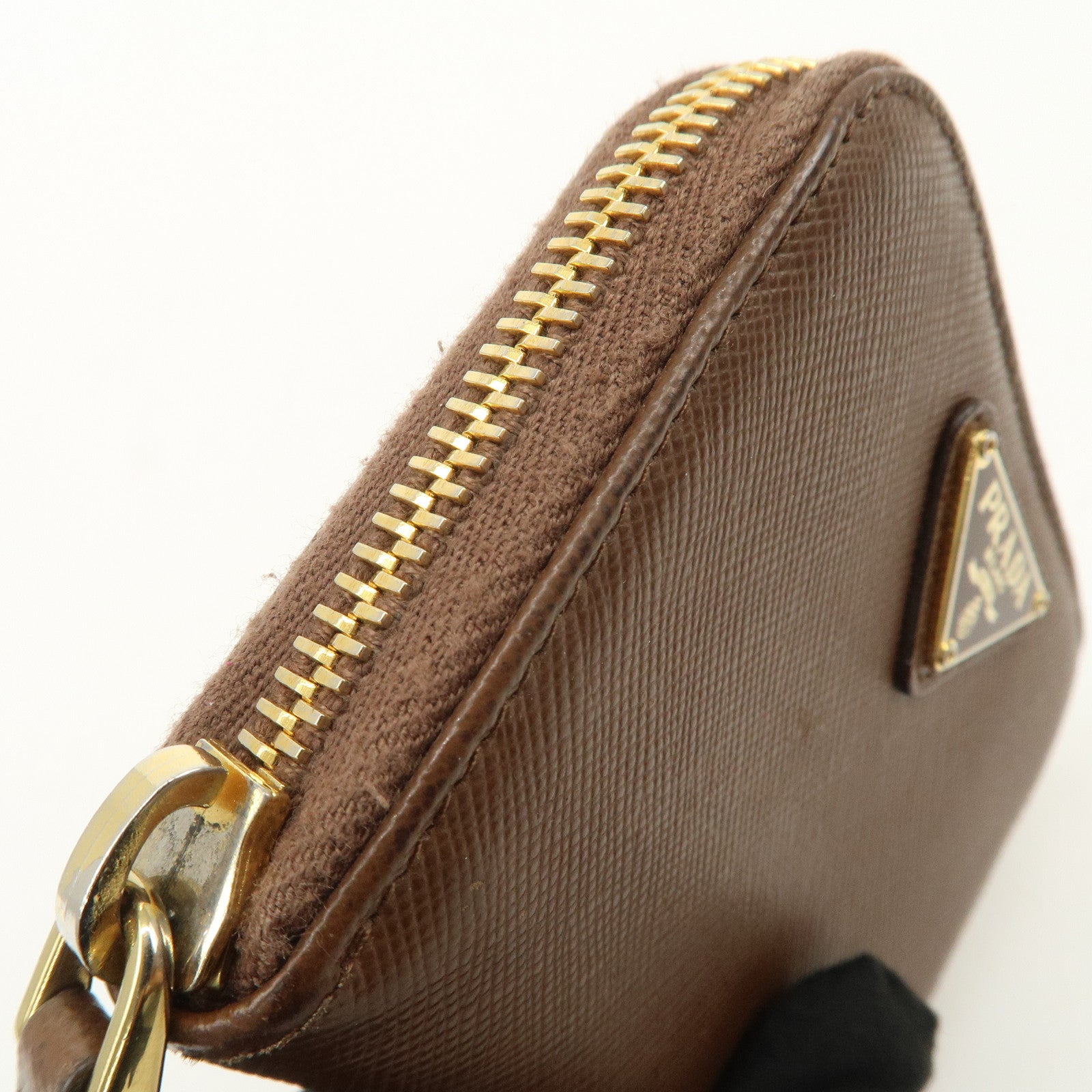 PRADA Triangle Logo Saffiano Leather Coin Case Coin Purse Brown