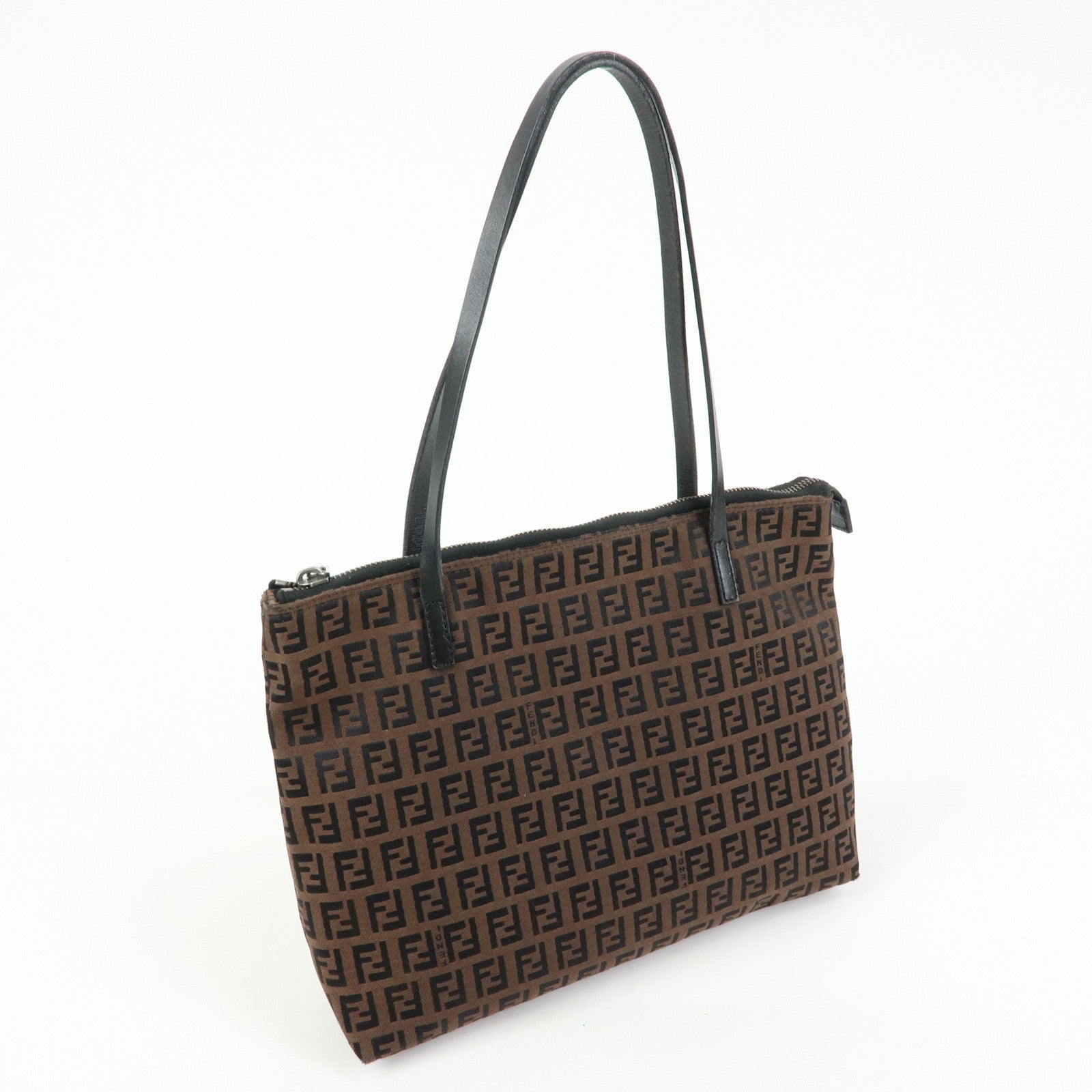 FENDI Zucchino Canvas Leather Tote Bag Hand Bag Brown Black 8BH022