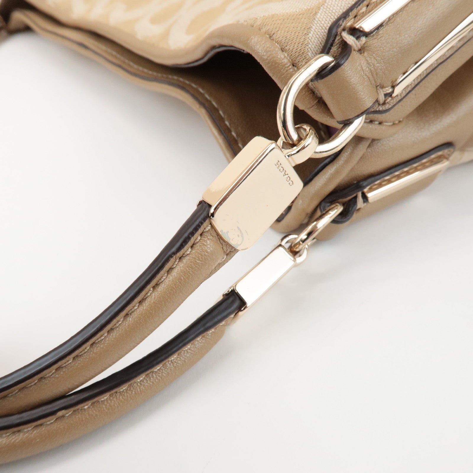 COACH Op Art Satin Leather Shoulder Bag Hand Bag Gold Beige