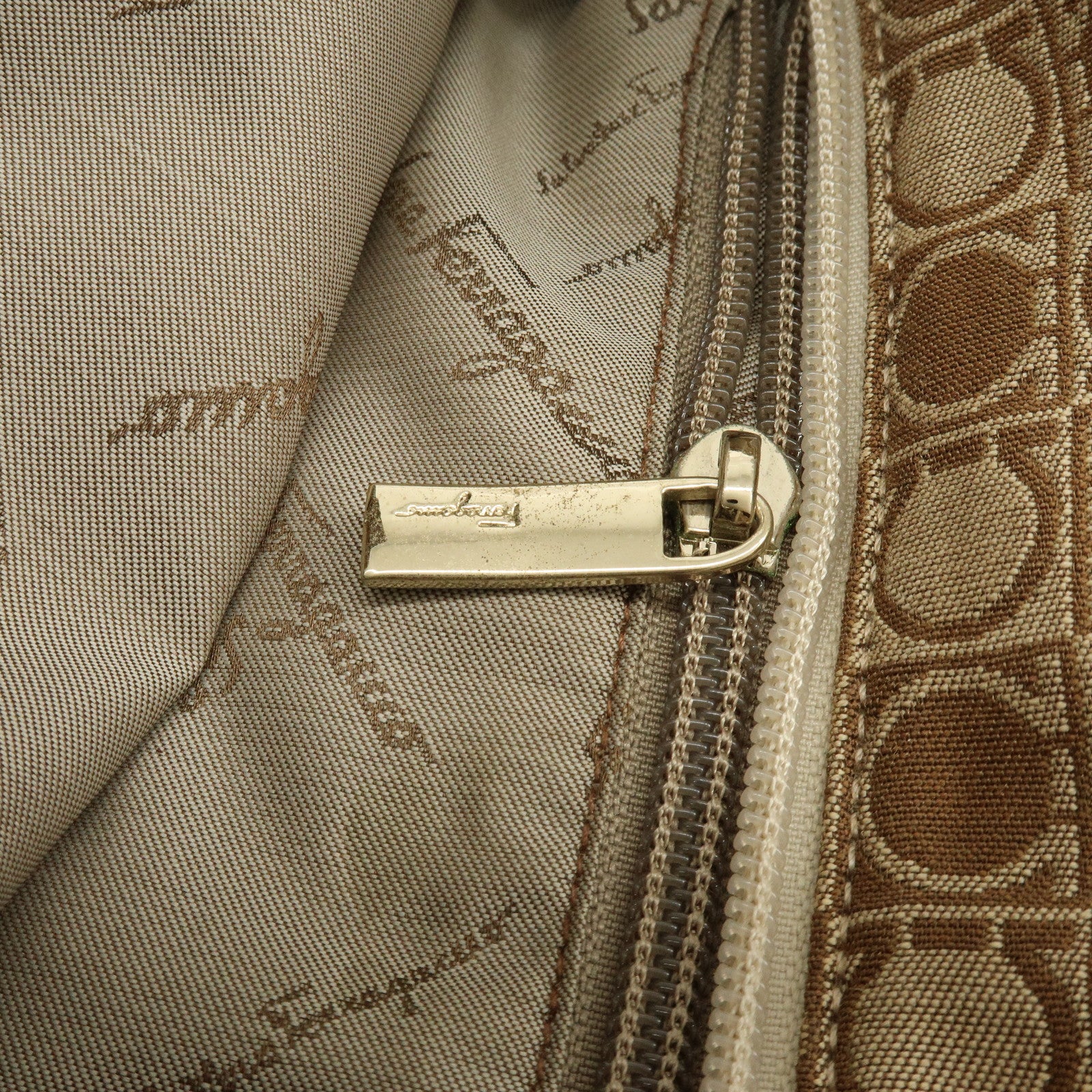 Ferragamo Gancini Canvas Leather Tote Bag Hand Bag Brown Beige