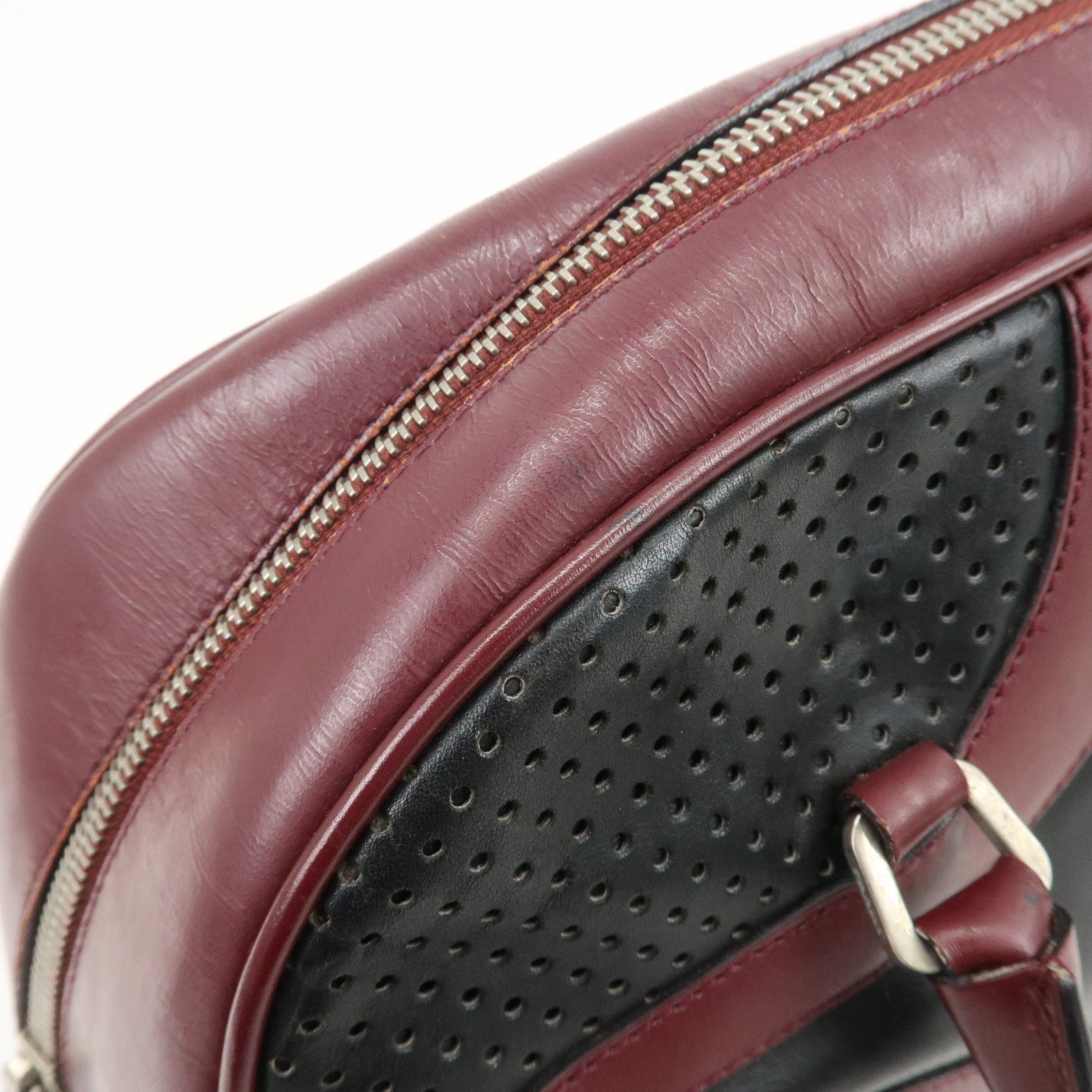 PRADA Leather Boston Bag Bowling Bag Hand Bag Black Bordeaux B10524