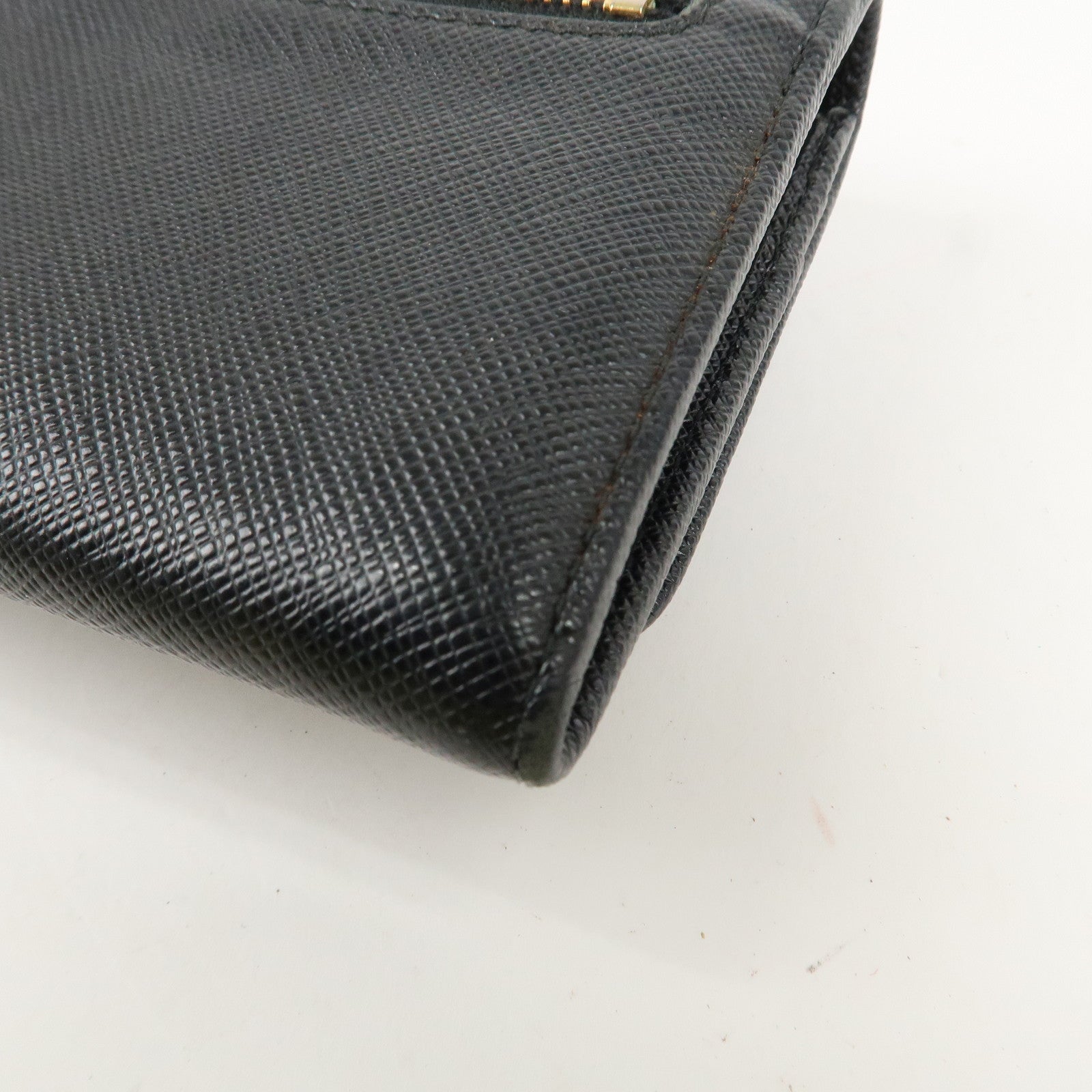 PRADA Saffiano Leather Flap Bi-Fold Long Wallet Black Gold 1MH132 Used
