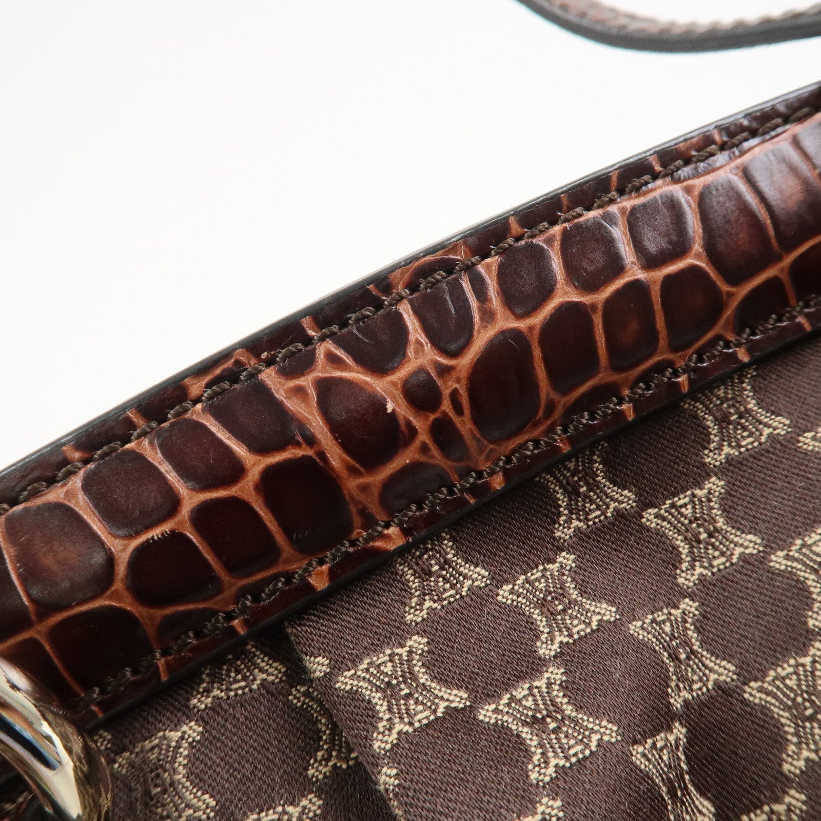 CELINE Macadam Canvas Embossed Leather Shoulder Bag Hand Bag Brown