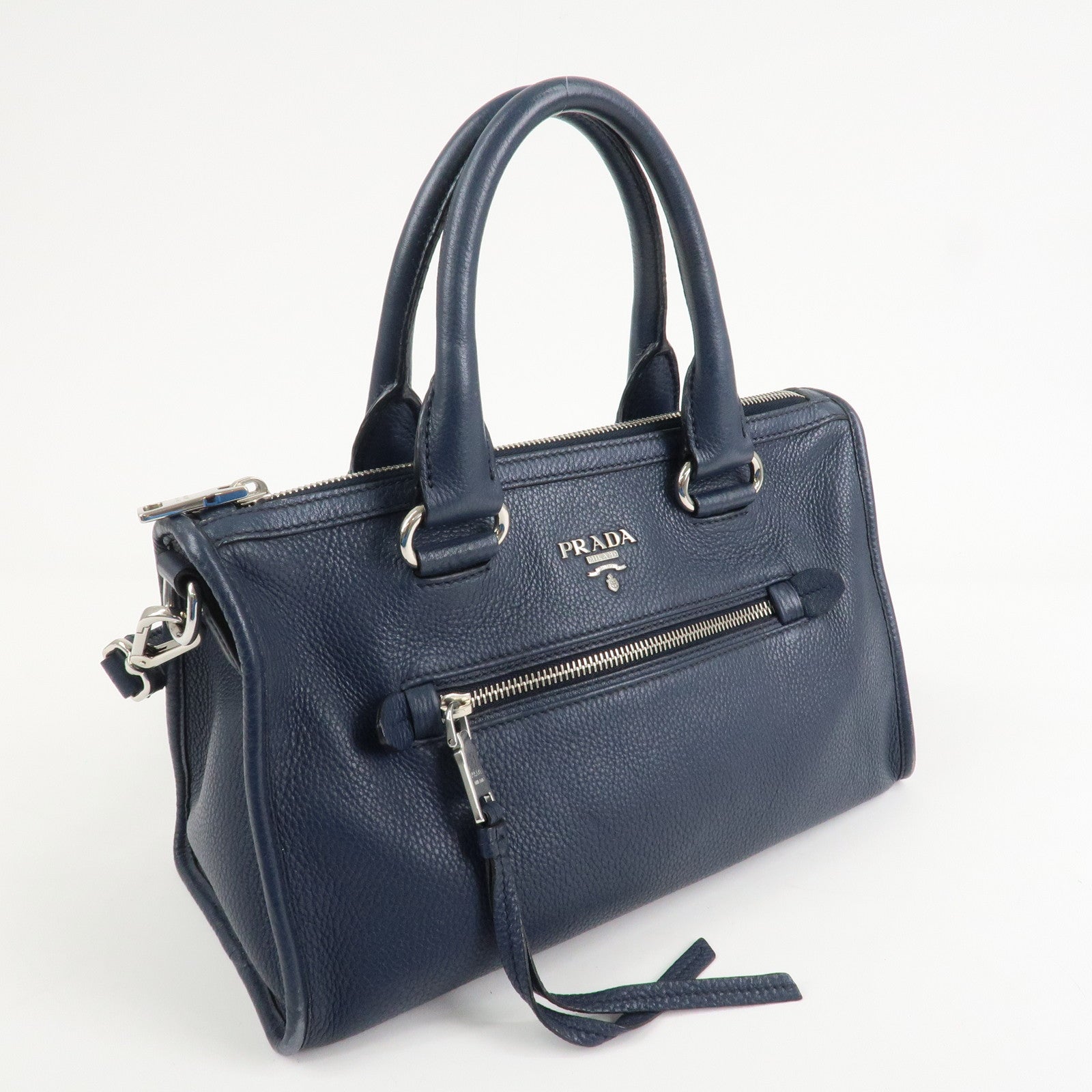 PRADA Logo Leather Vitello Phenix 2WAY Bag Hand Bag Navy 1BB022