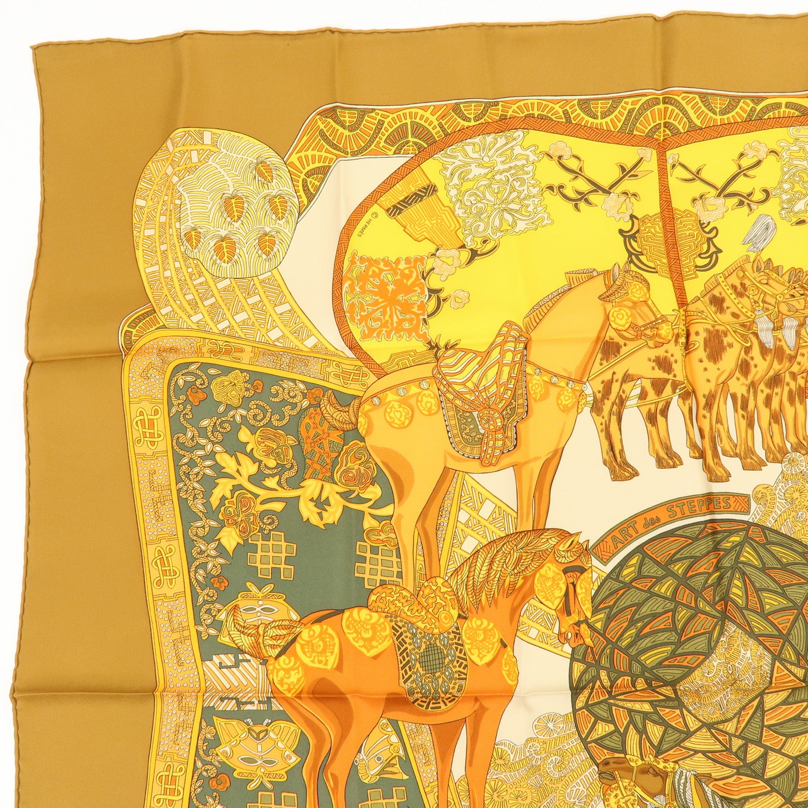 HERMES Carre 90 Silk 100% Scarf ART des STEPPES Horse Print Orange