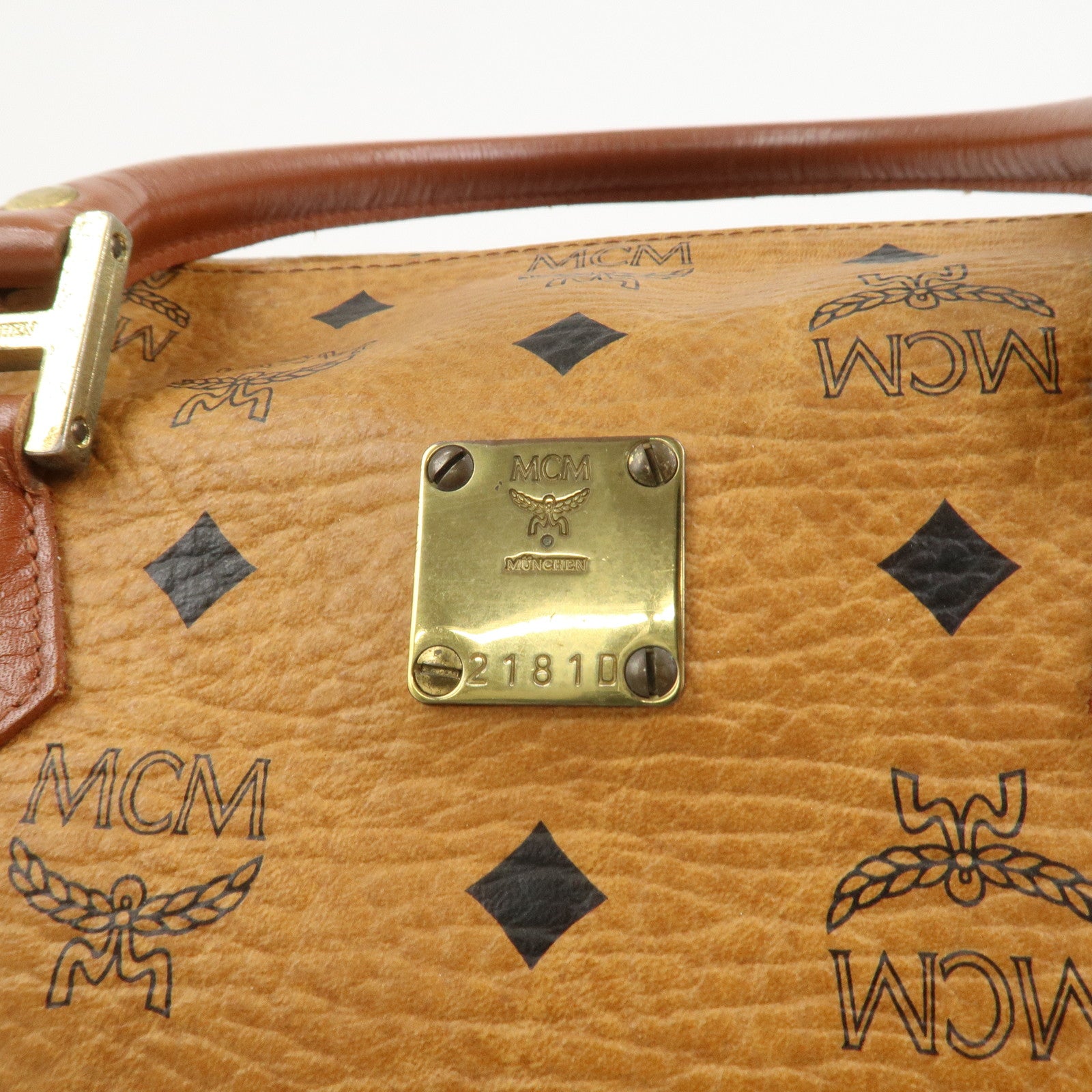 MCM Visetos Leather Boston Bag Hand Bag Brown