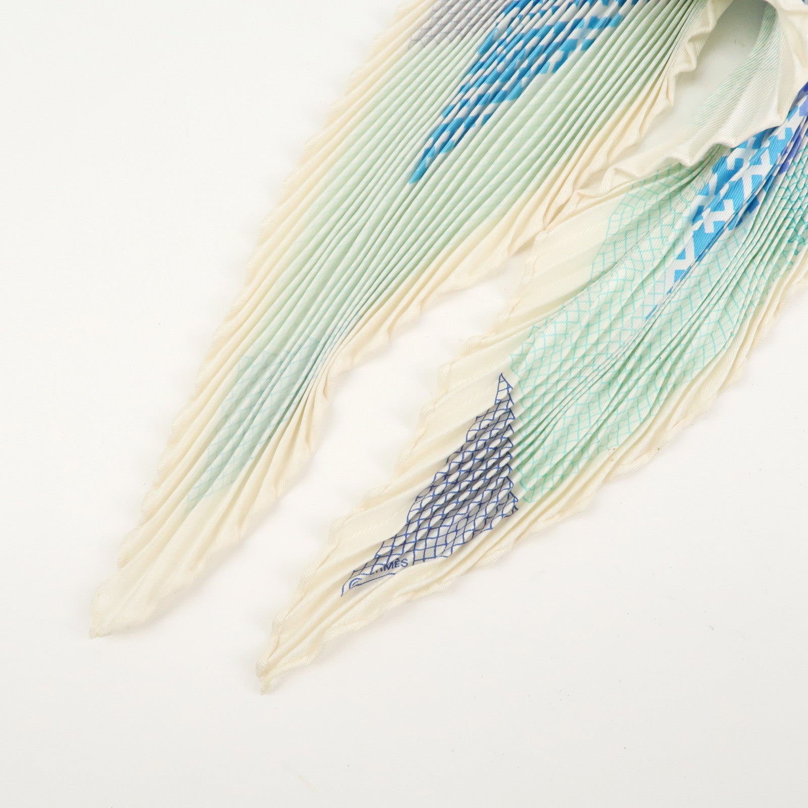 HERMES Pleated Carré Scarf Silk 100% H Logo Blue