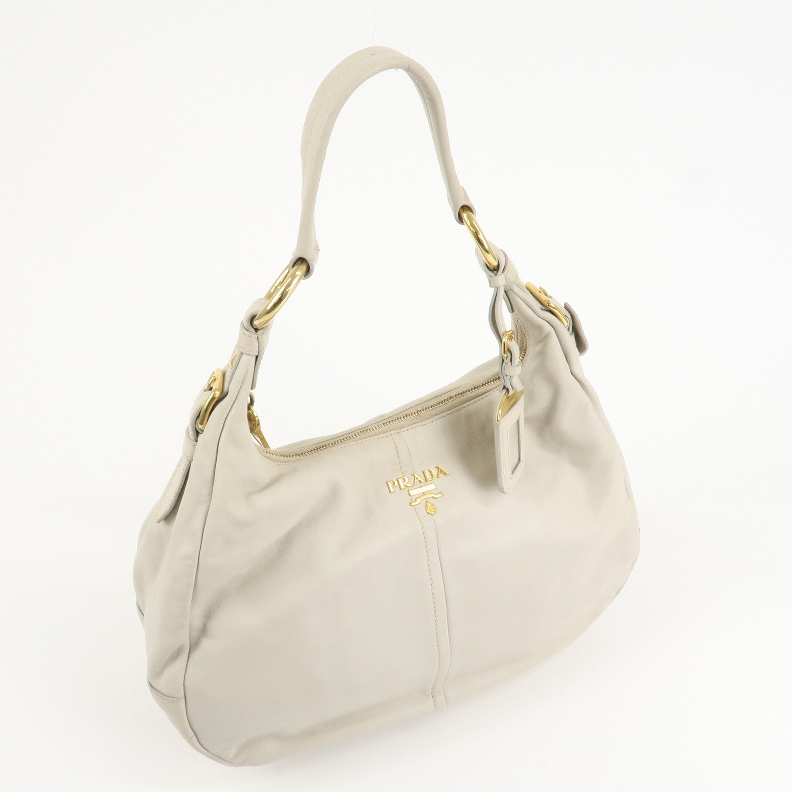 PRADA Logo Leather Shoulder Bag Hand Bag Ivory Gold Hardware Used
